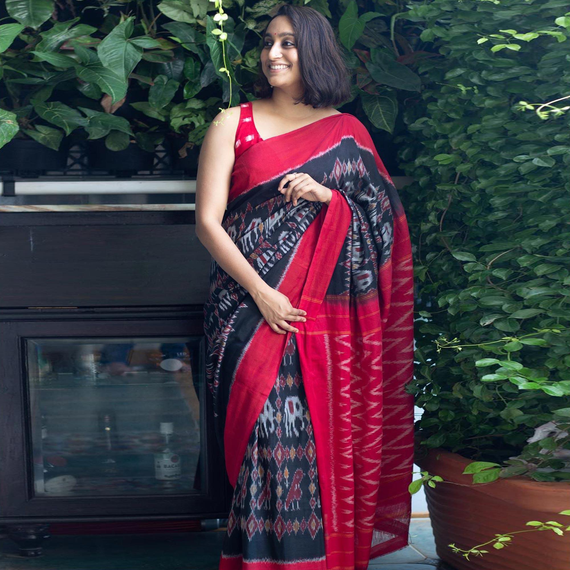 Black Ikkat Printed Linen Saree - Peachmode