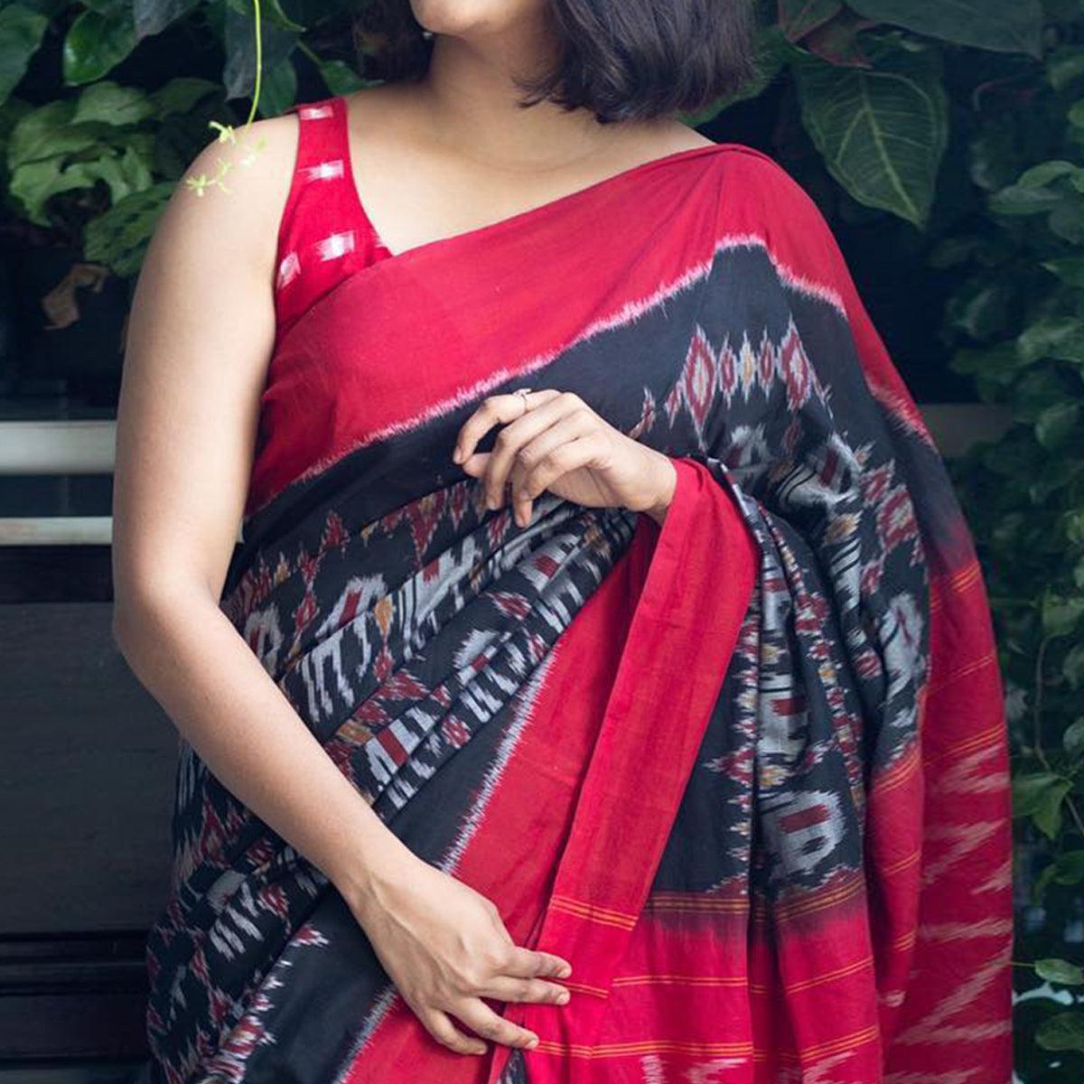 Black Ikkat Printed Linen Saree - Peachmode