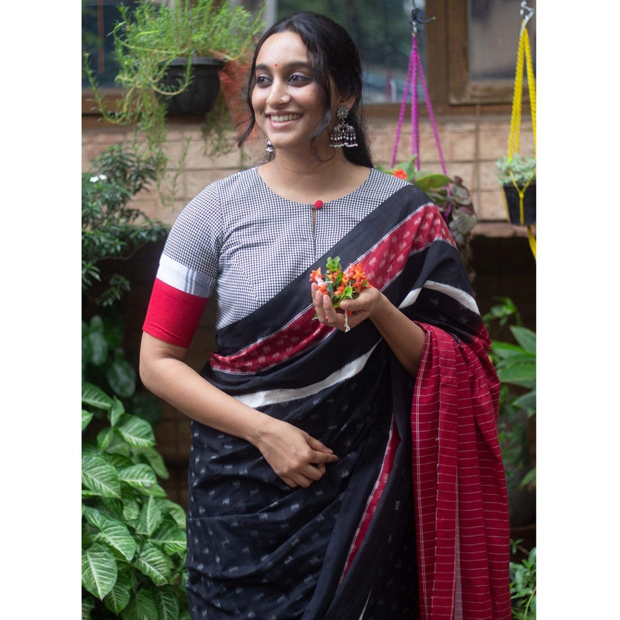 Black Ikkat Printed Linen Saree - Peachmode