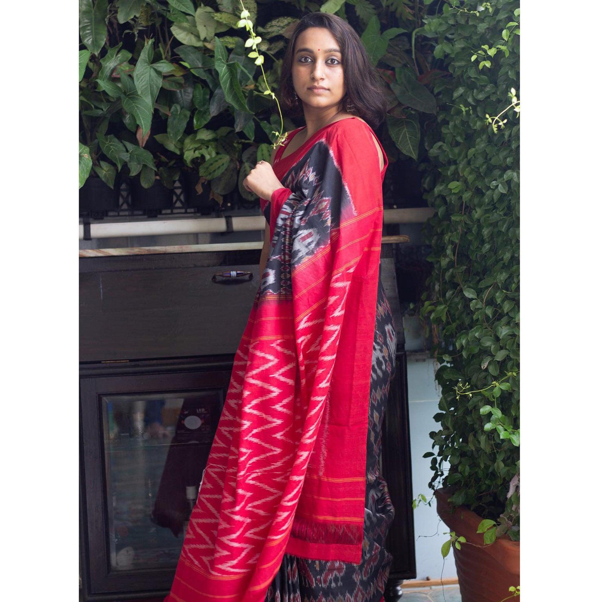 Black Ikkat Printed Linen Saree - Peachmode