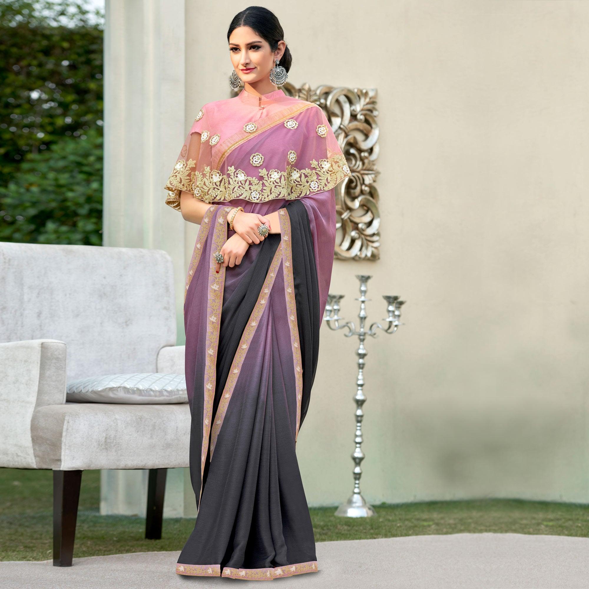 Black-Lavender Partywear Designer Embroidery Lace Border Cadbury Chiffon Saree - Peachmode