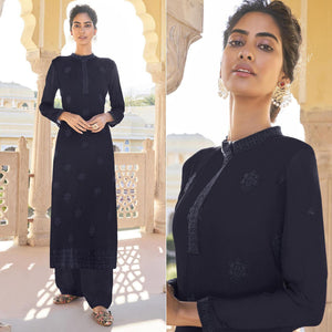 Black Lucknowi Embroidered Georgette Kurti Palazzo Set - Peachmode