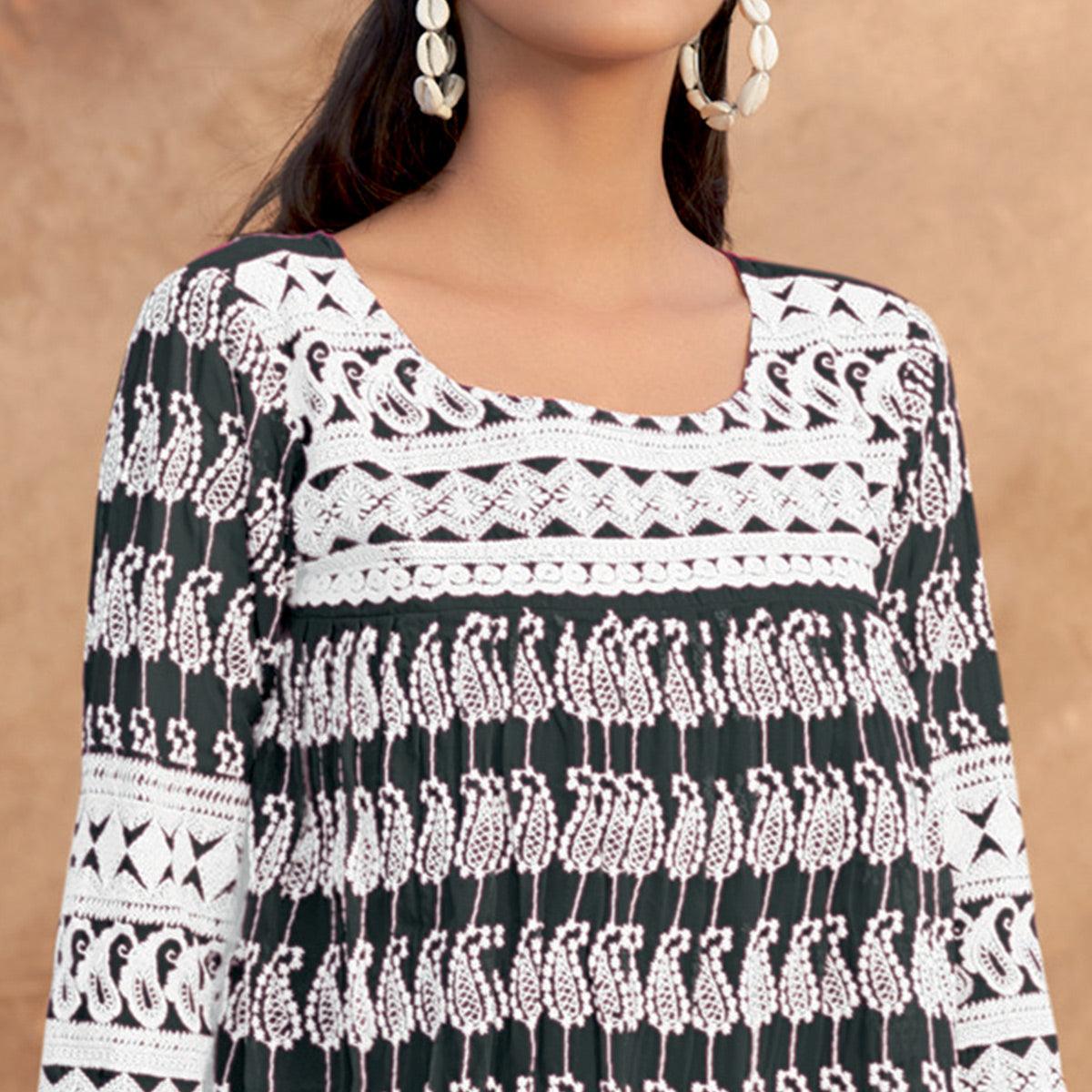 Black Lucknowi Georgette Top - Peachmode