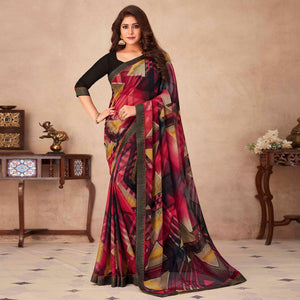 Black-Multicolored Geometric Printed Chiffon Saree - Peachmode