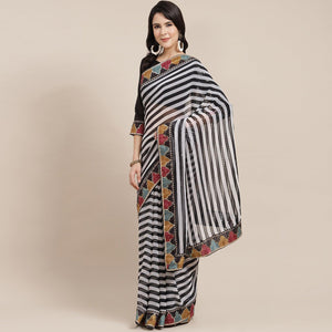Black-Off White Sequins With Striped Printed Georgette Saree - Peachmode