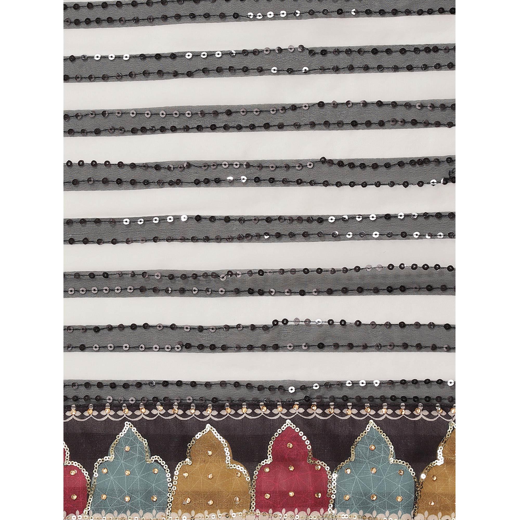 Black-Off White Sequins With Striped Printed Georgette Saree - Peachmode