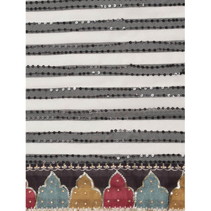 Black-Off White Sequins With Striped Printed Georgette Saree - Peachmode