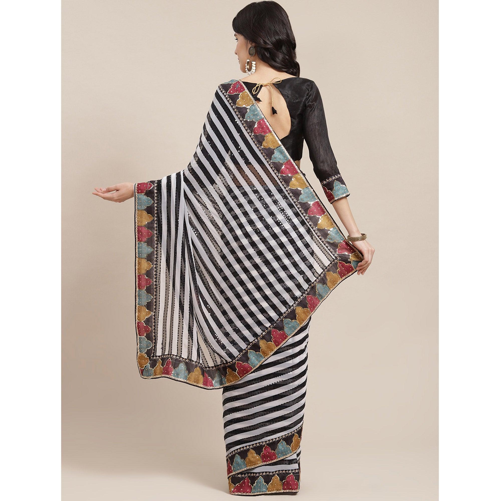 Black-Off White Sequins With Striped Printed Georgette Saree - Peachmode