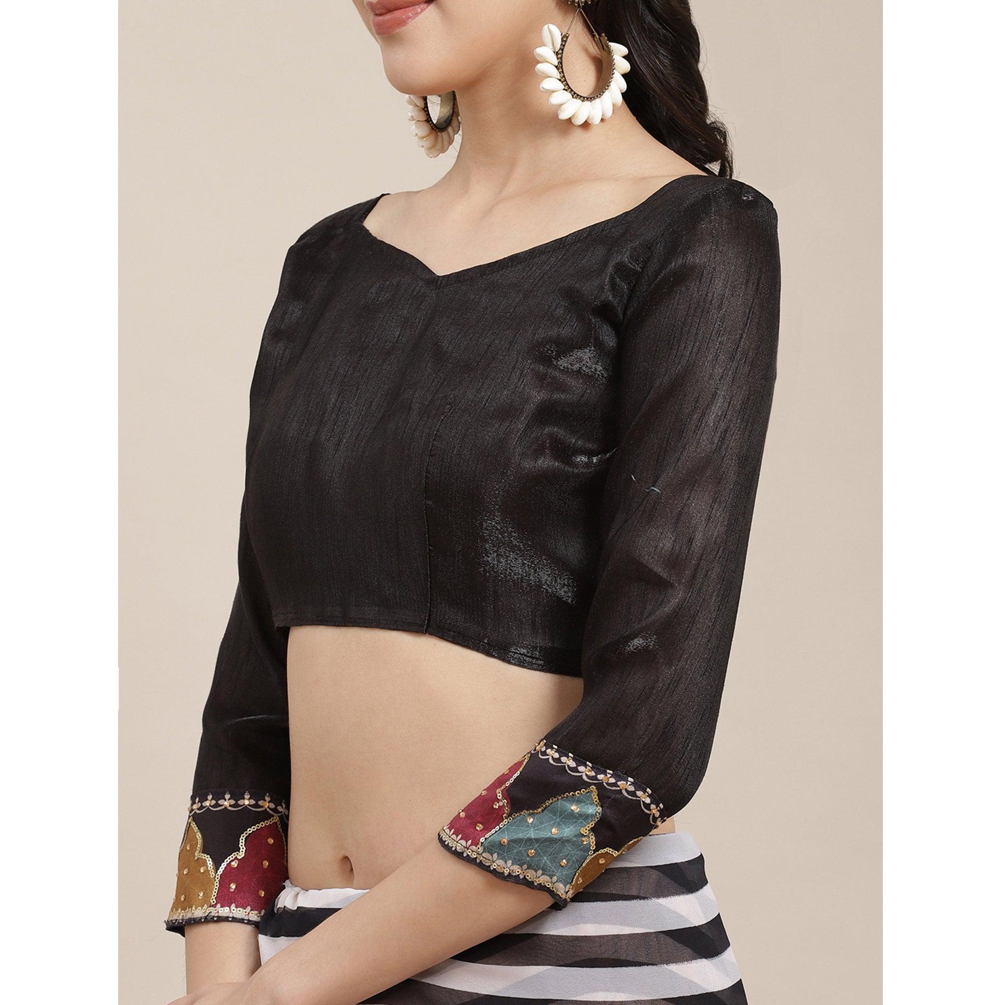 Black-Off White Sequins With Striped Printed Georgette Saree - Peachmode