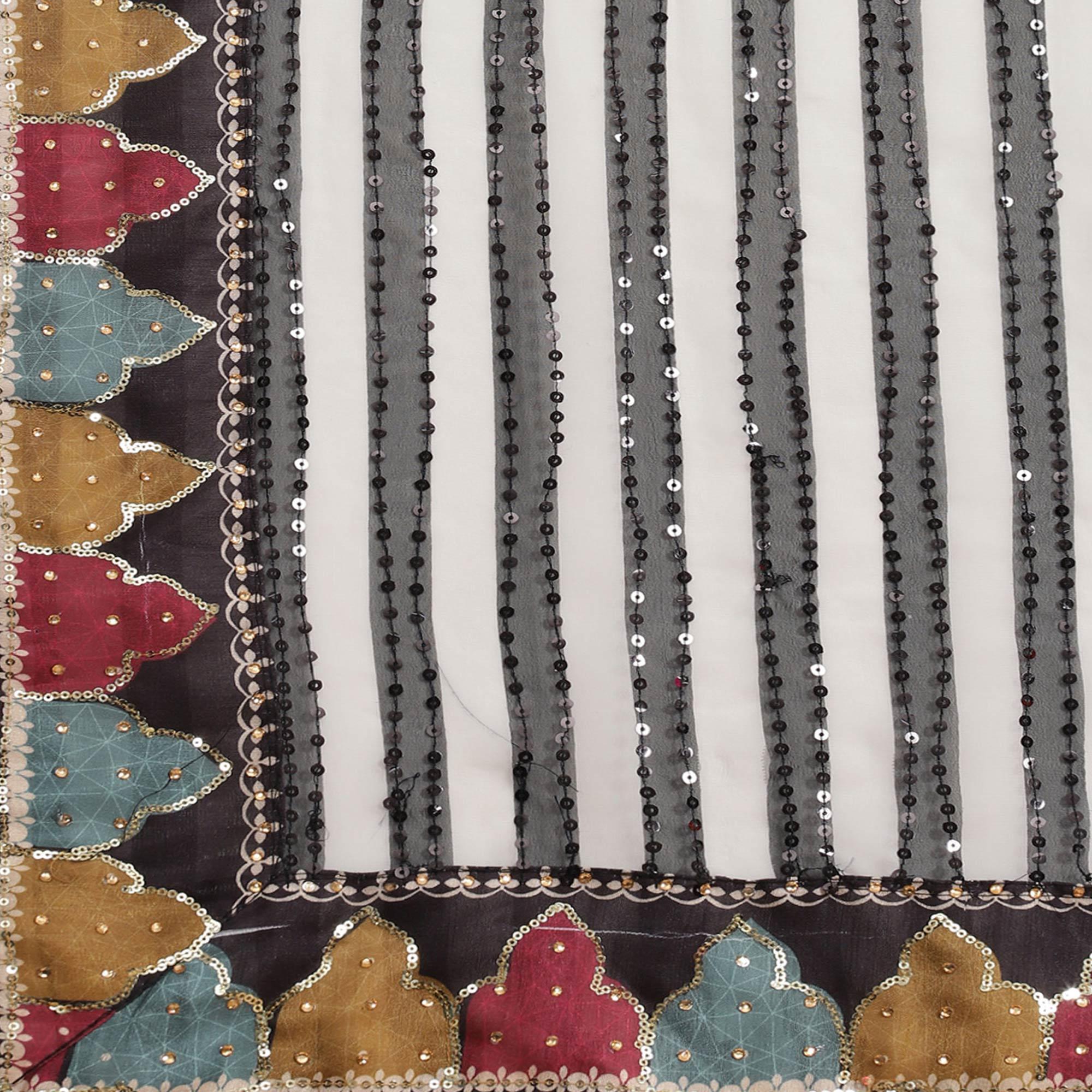 Black-Off White Sequins With Striped Printed Georgette Saree - Peachmode