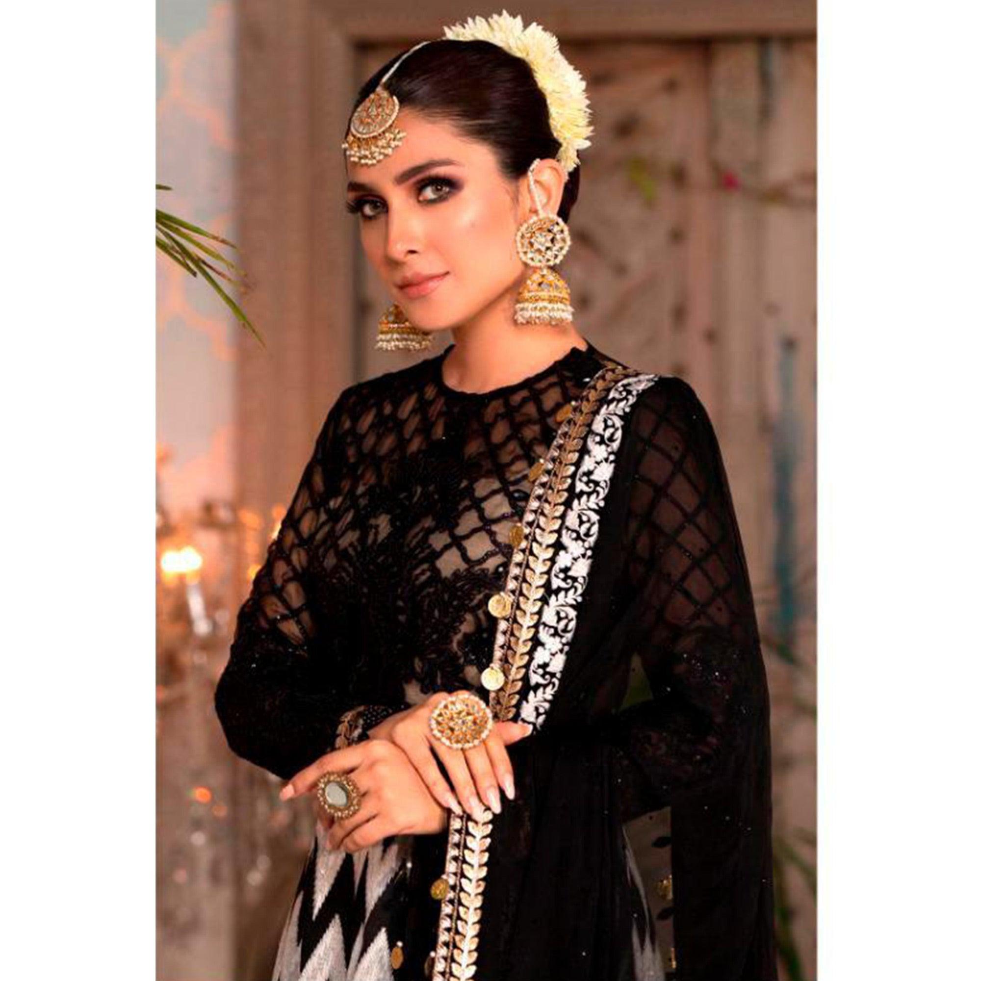 Black - Offwhite Partywear Digital Printed Heavy Georgette Pakistani Style Suit - Peachmode