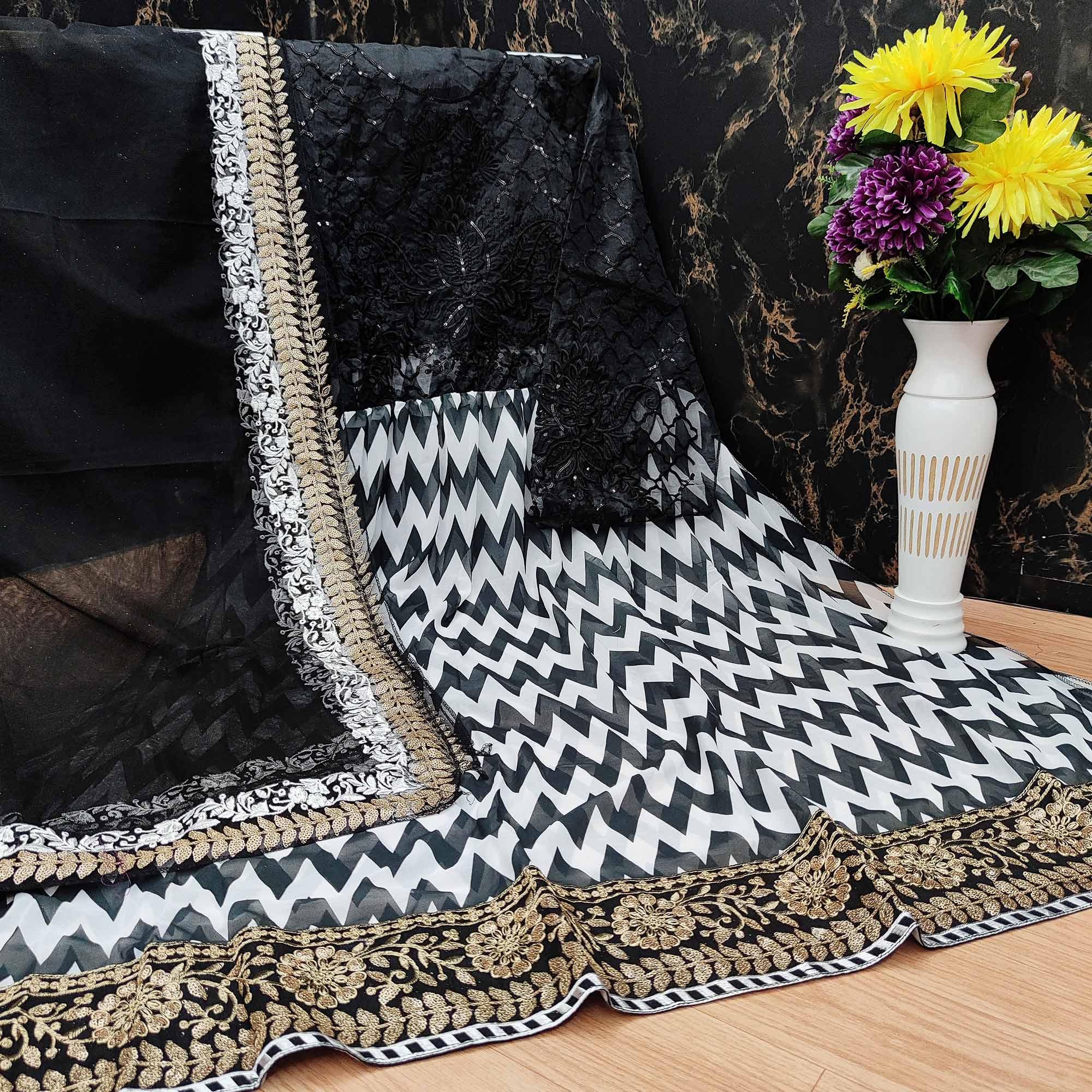 Black - Offwhite Partywear Digital Printed Heavy Georgette Pakistani Style Suit - Peachmode