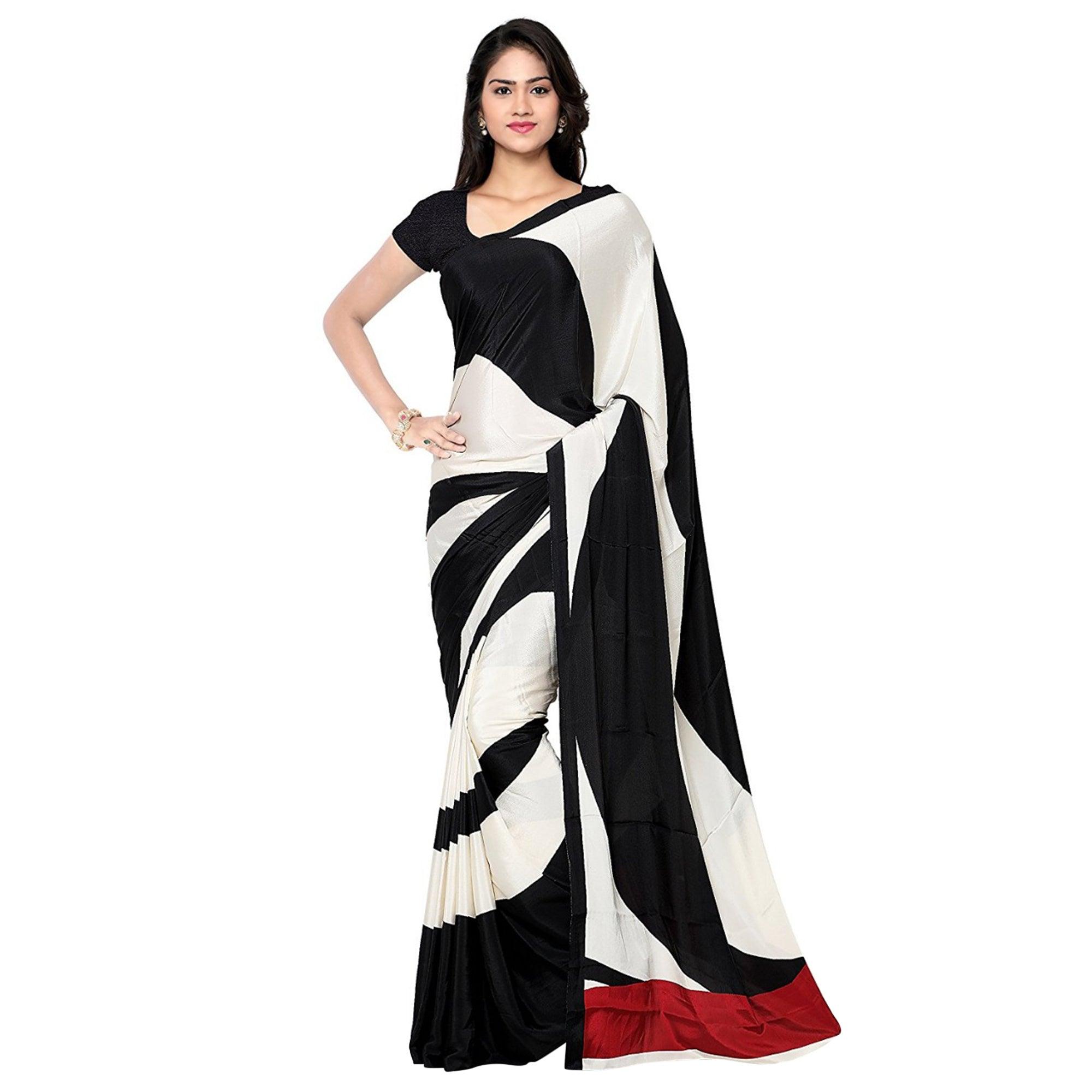 Black - Offwhite Printed Crepe Saree - Peachmode