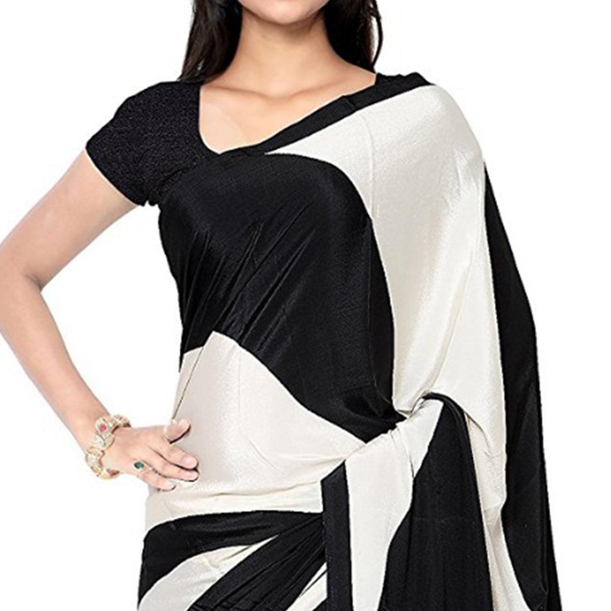 Black - Offwhite Printed Crepe Saree - Peachmode