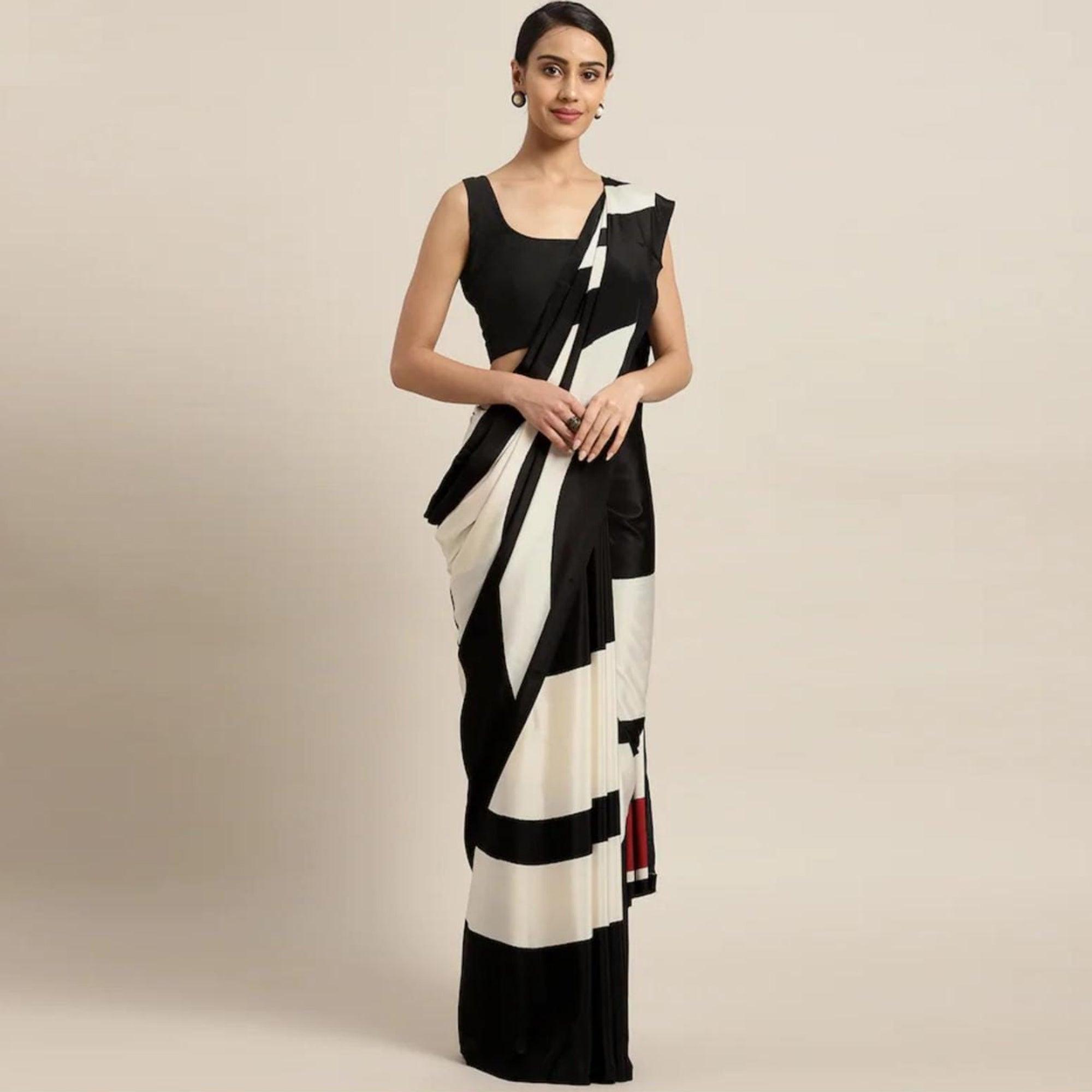 Black - Offwhite Printed Crepe Saree - Peachmode