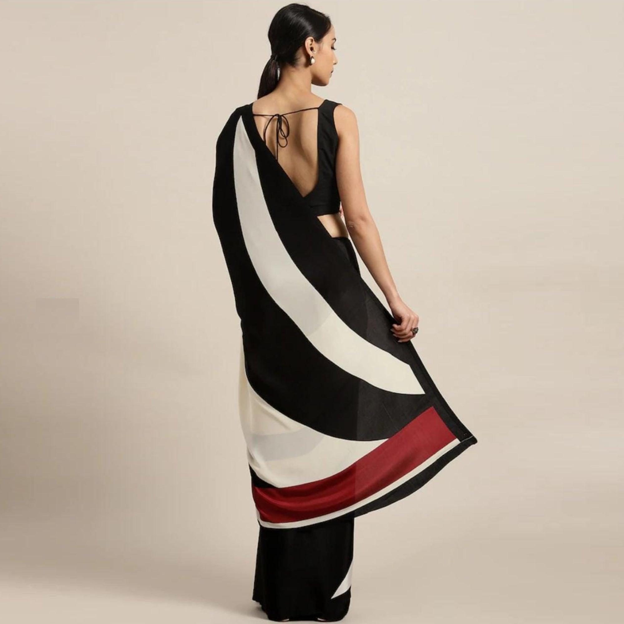 Black - Offwhite Printed Crepe Saree - Peachmode