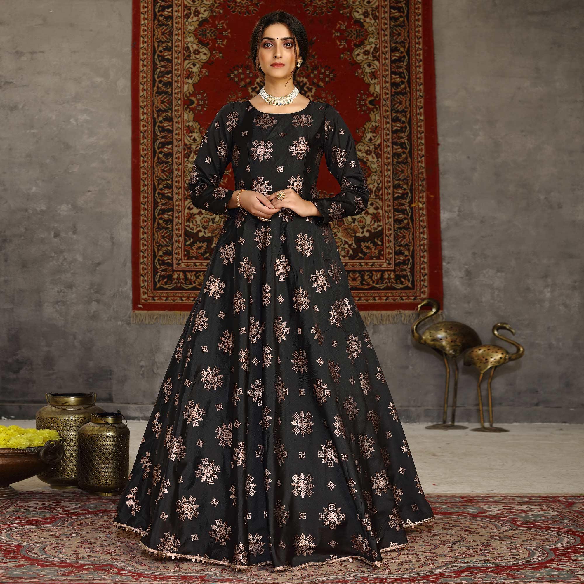 Black Party Wear Designer Metalic Foil Printed Work Taffeta Gown - Peachmode