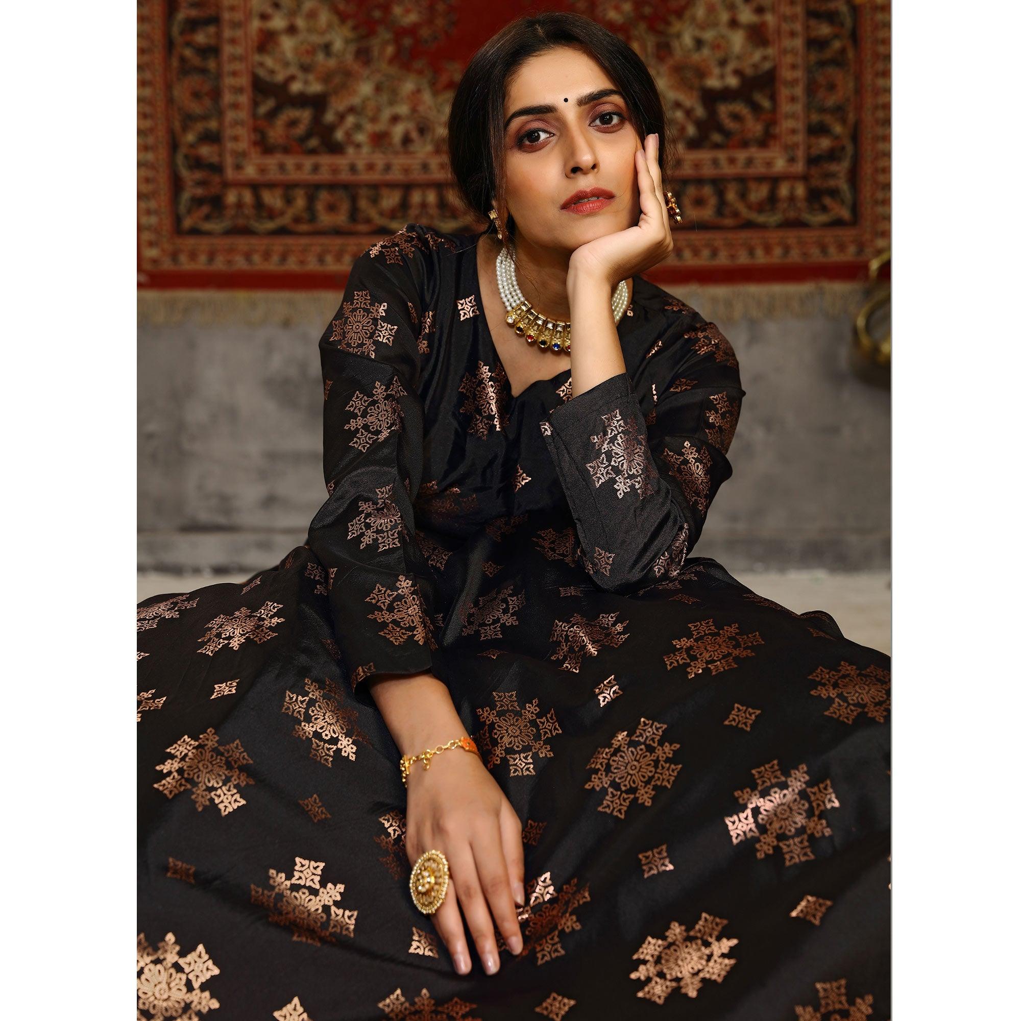 Black Party Wear Designer Metalic Foil Printed Work Taffeta Gown - Peachmode