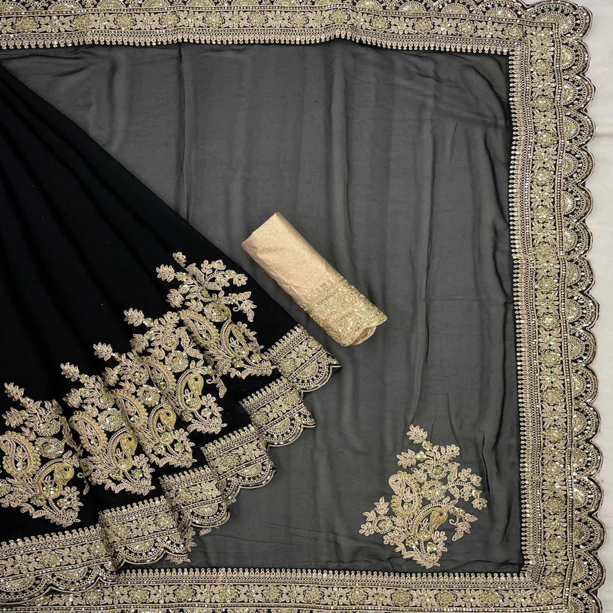 Black Party Wear Embellished Georgette Saree - Peachmode
