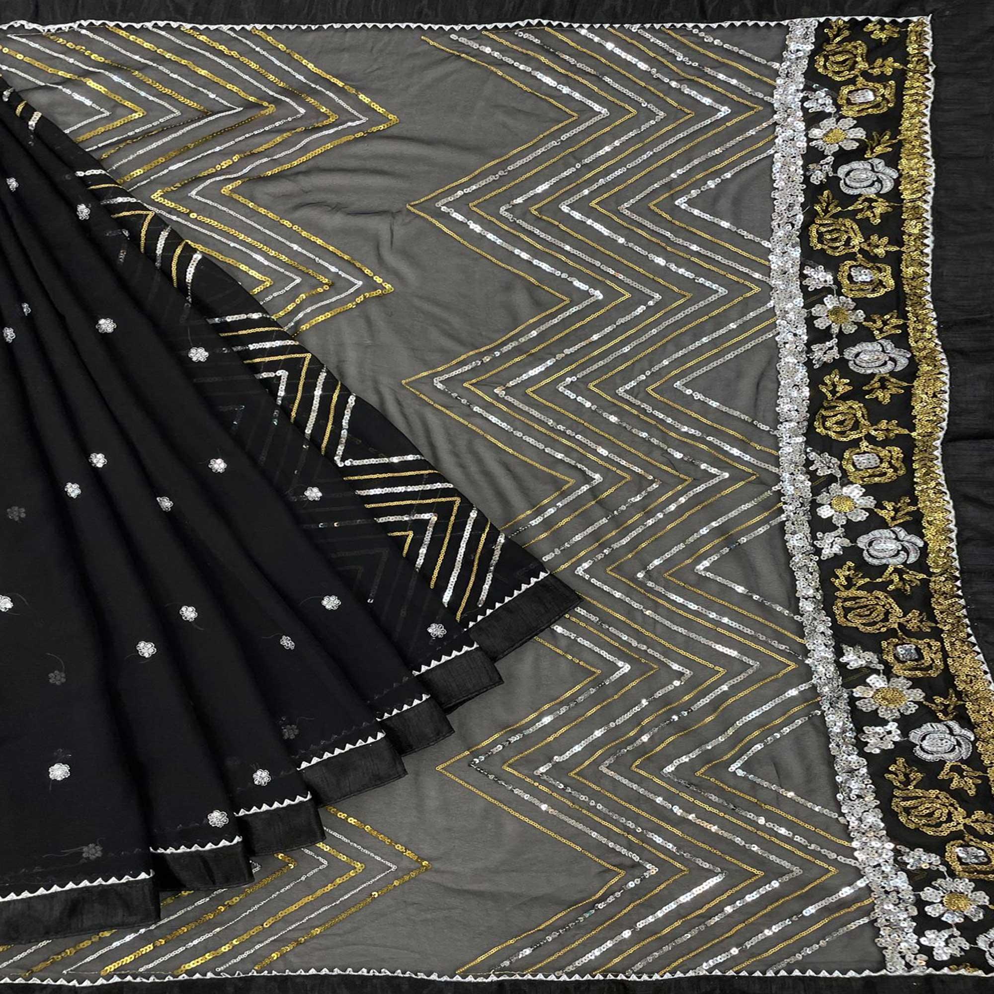 Black Party Wear Embellished Georgette Saree - Peachmode