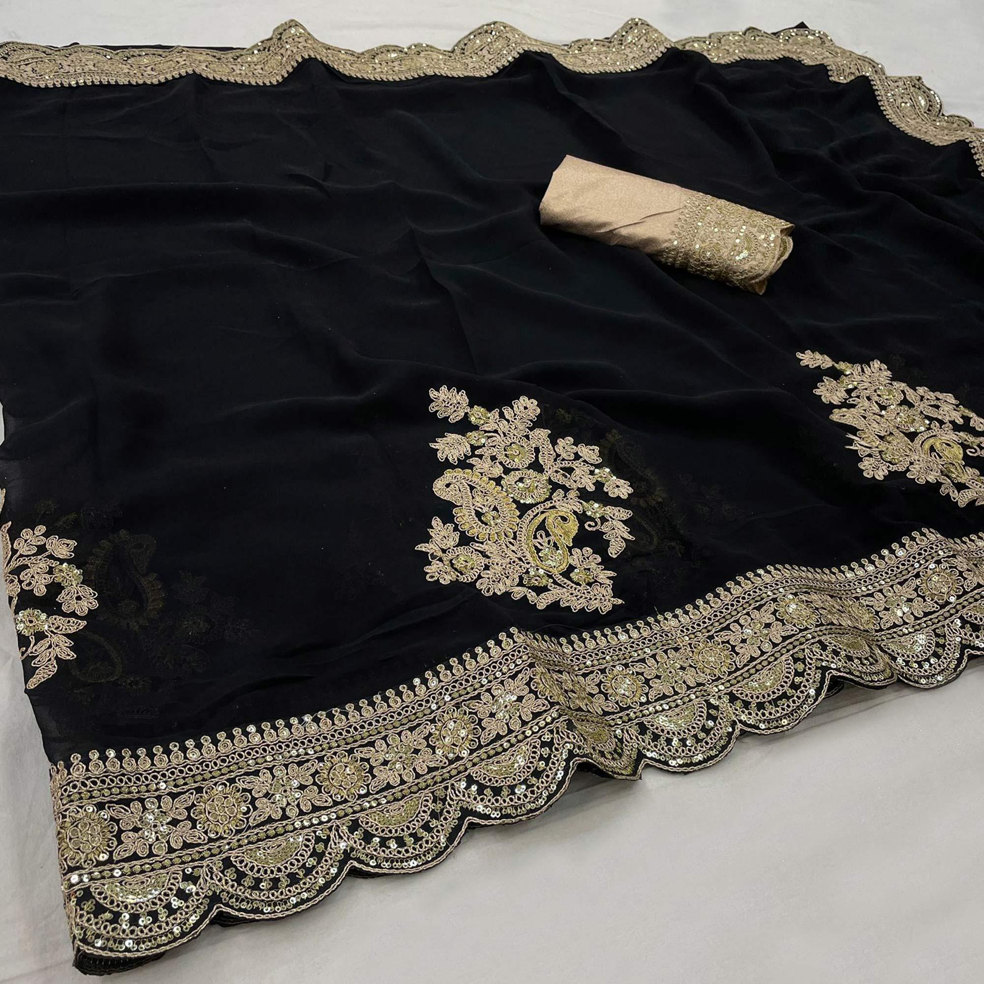 Black Party Wear Embellished Georgette Saree - Peachmode