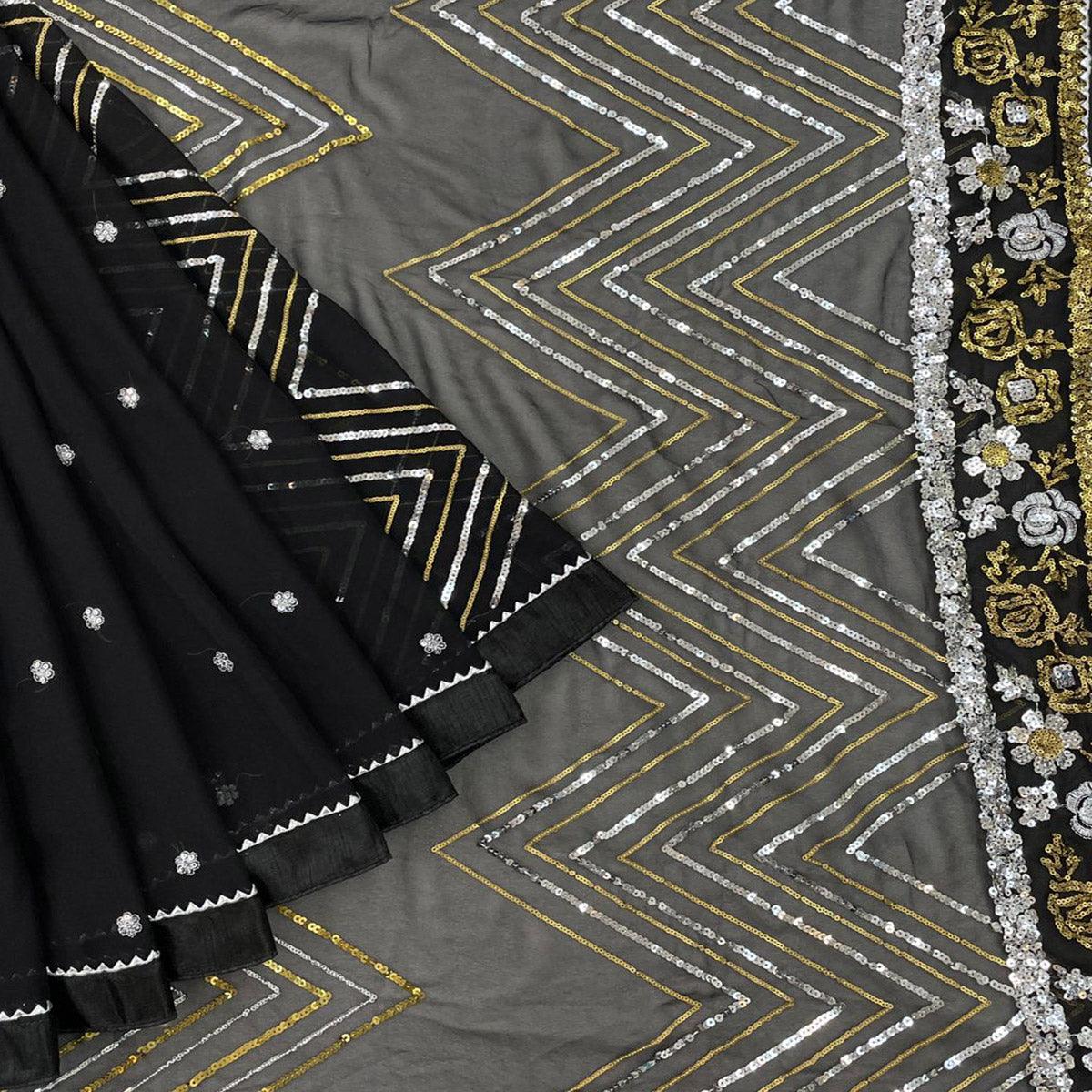 Black Party Wear Embellished Georgette Saree - Peachmode