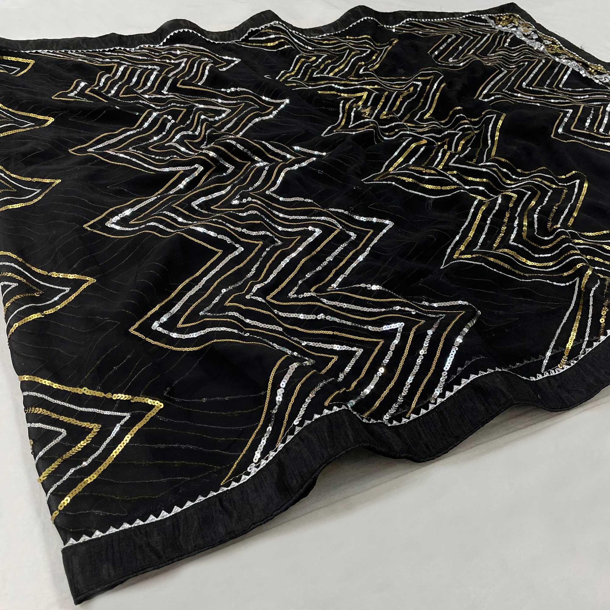 Black Party Wear Embellished Georgette Saree - Peachmode