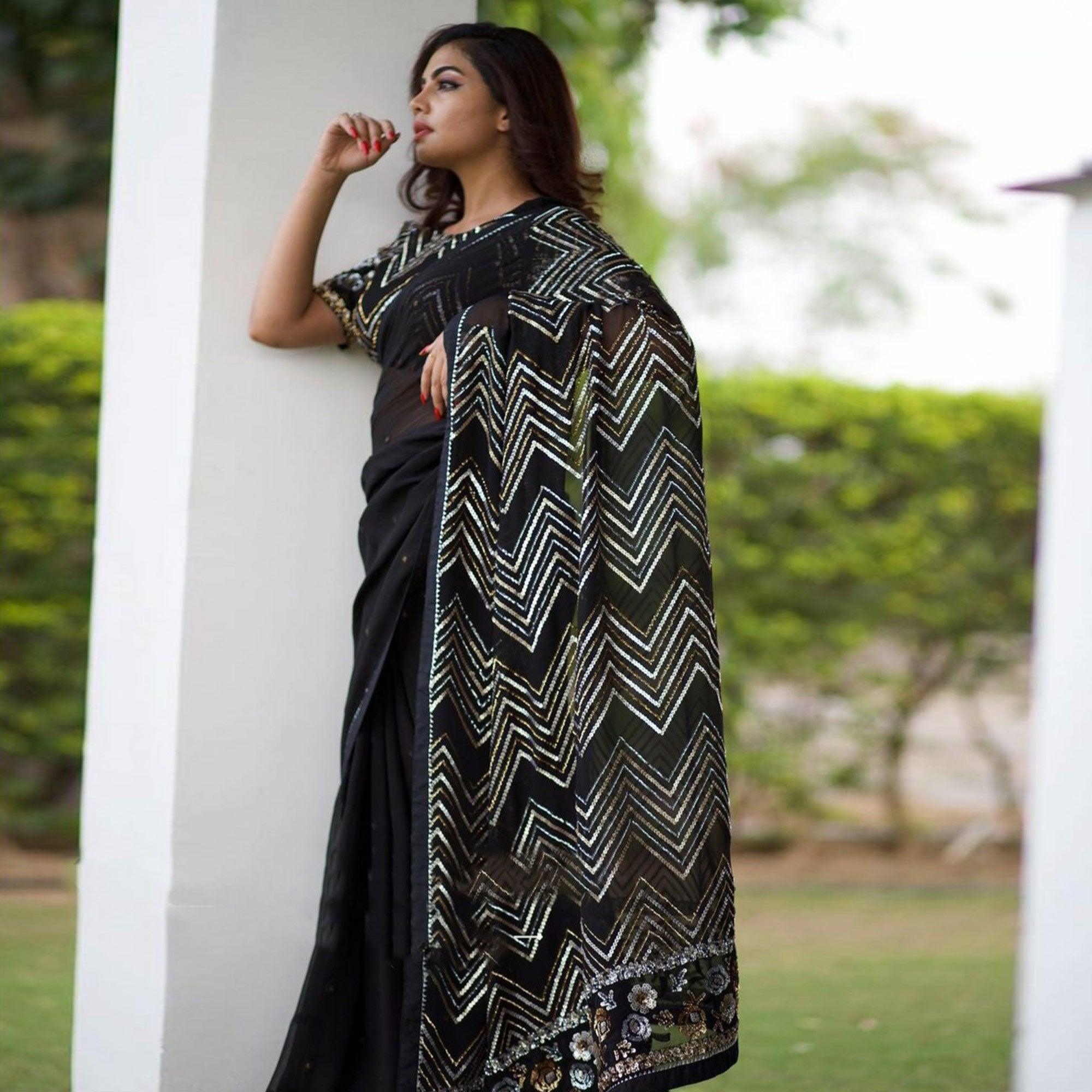 Black Party Wear Embellished Georgette Saree - Peachmode