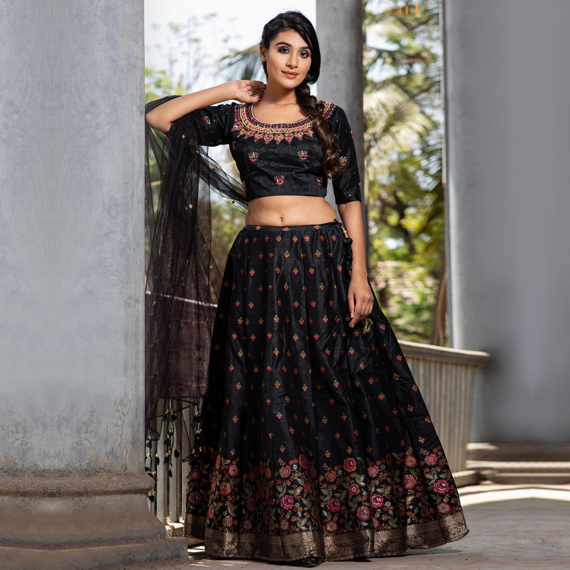 Black Party Wear Embroidered Soft Silk Lehenga Choli - Peachmode
