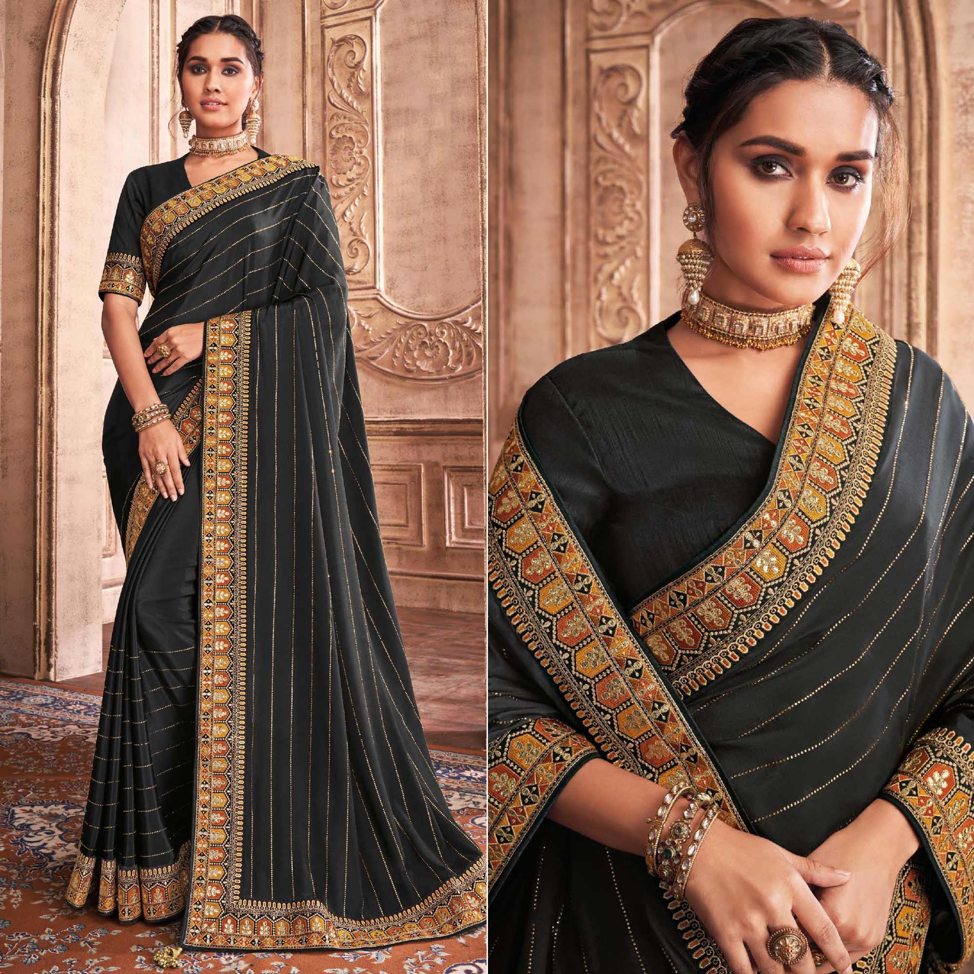 Black Party Wear Embroidery With Sequence Work Satin Silk Saree - Peachmode