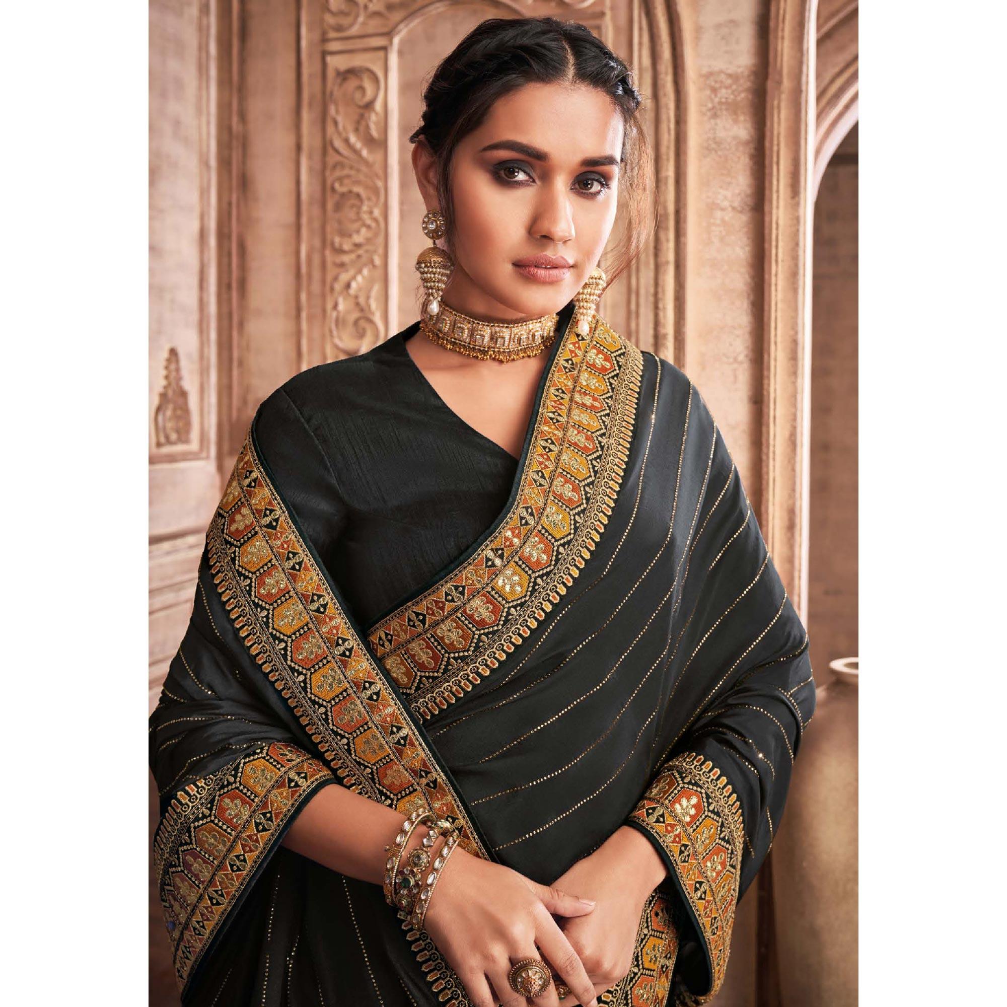 Black Party Wear Embroidery With Sequence Work Satin Silk Saree - Peachmode