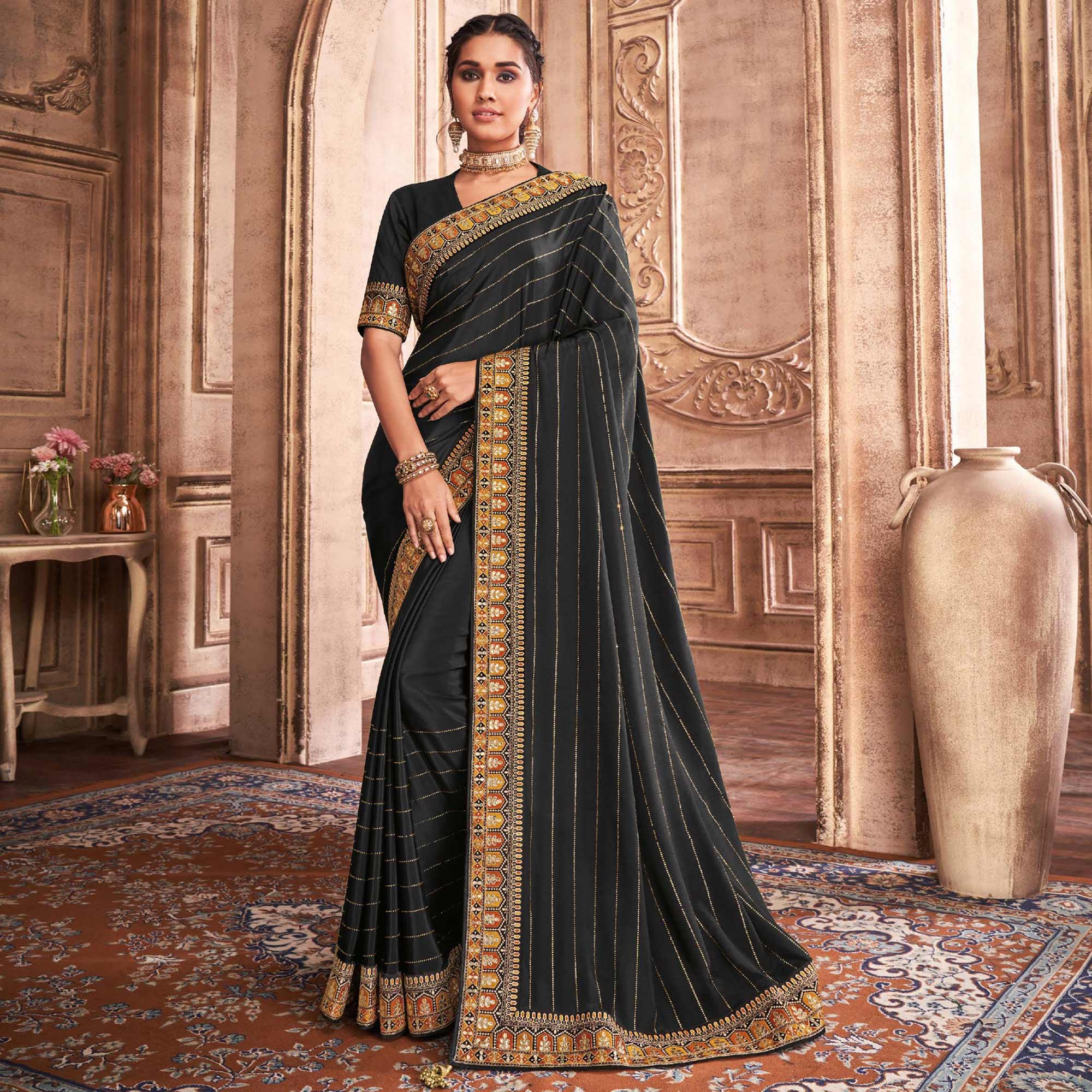 Peach and Black Bollywood Style Saree with Embroidery work 