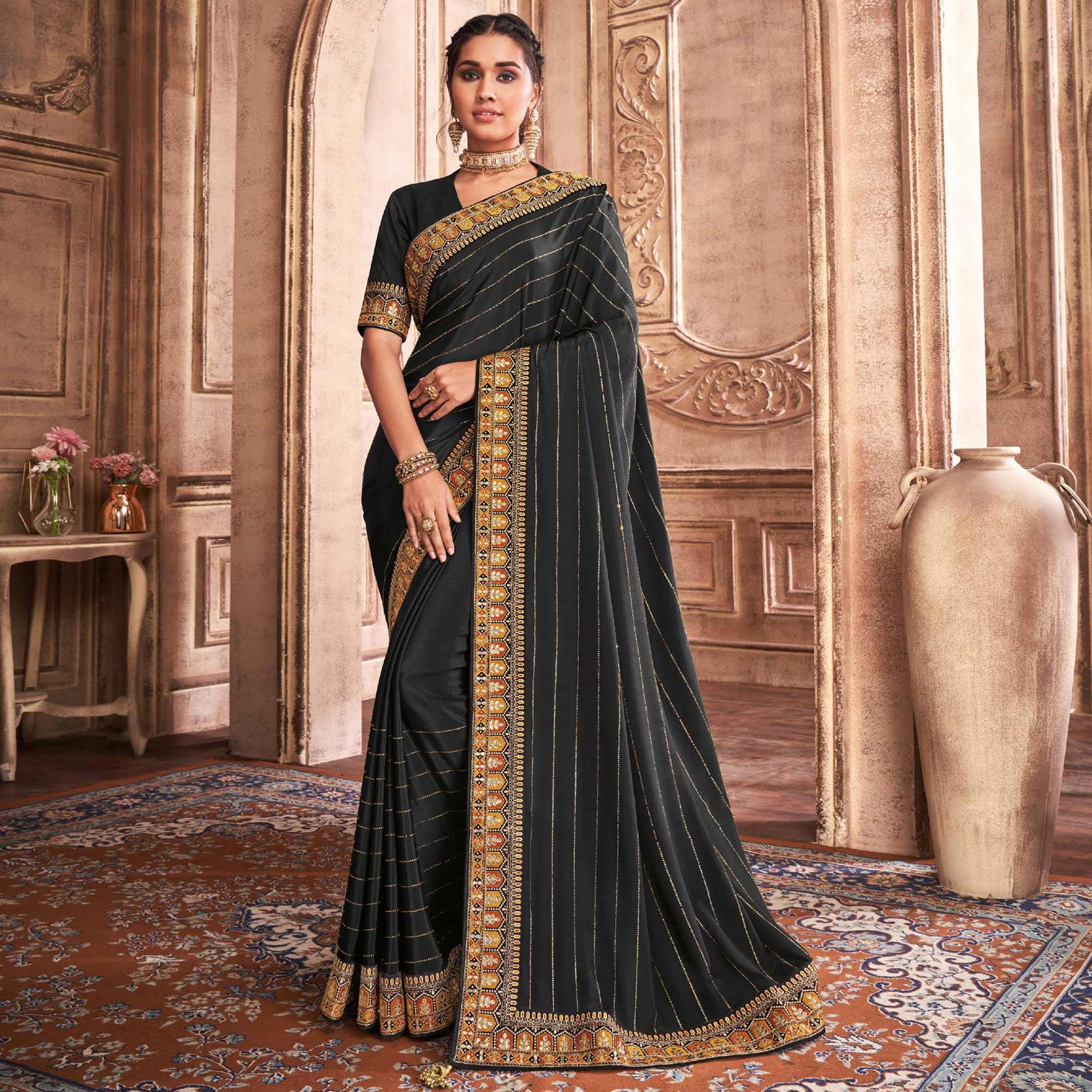 Black Party Wear Embroidery With Sequence Work Satin Silk Saree - Peachmode