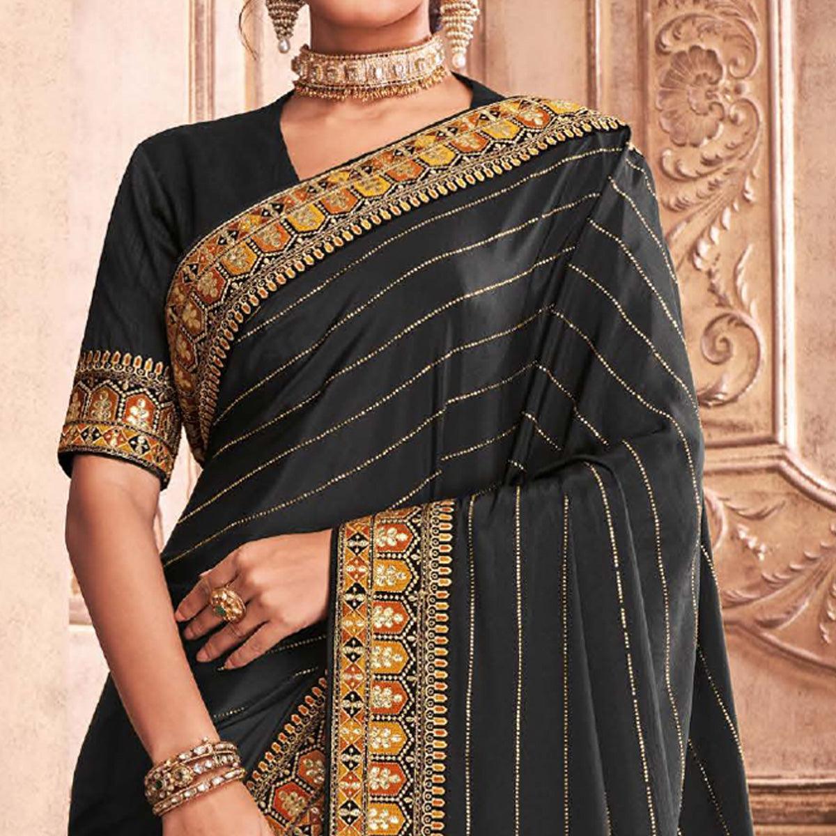 Black Party Wear Embroidery With Sequence Work Satin Silk Saree - Peachmode