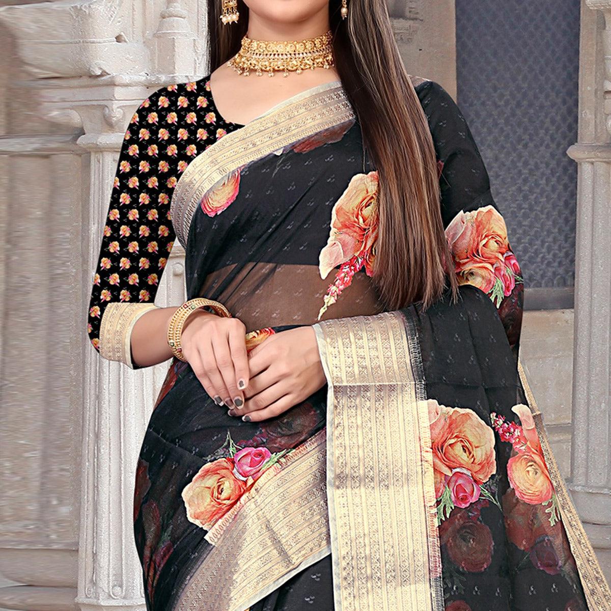 Black Party Wear Floral Digital Printed With Jacquard Border Soft Georgette Saree - Peachmode