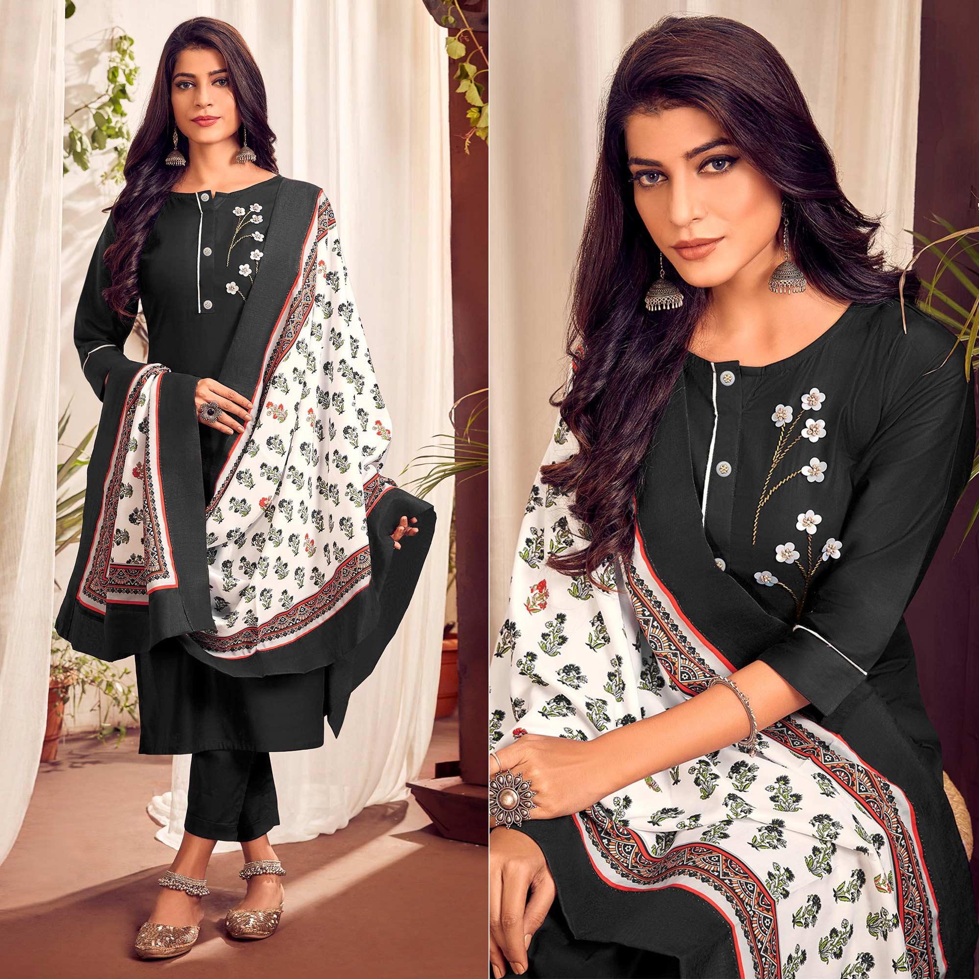 Black Party Wear Handwork Cotton Kurti Pant Set With Dupatta - Peachmode