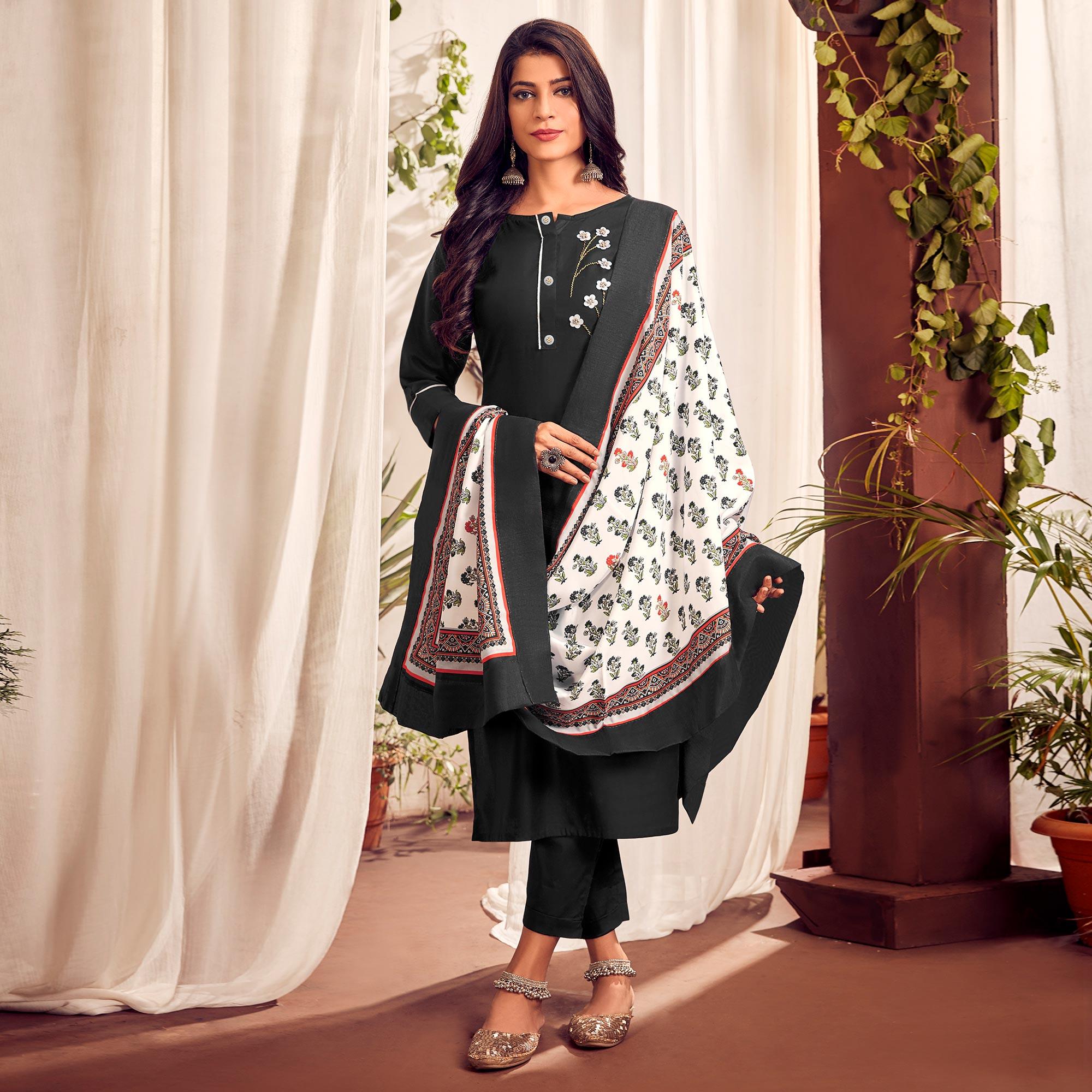 Black Party Wear Handwork Cotton Kurti Pant Set With Dupatta - Peachmode