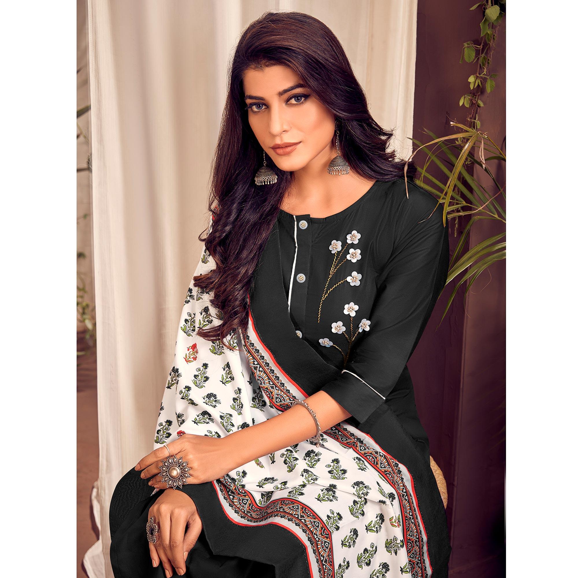 Black Party Wear Handwork Cotton Kurti Pant Set With Dupatta - Peachmode