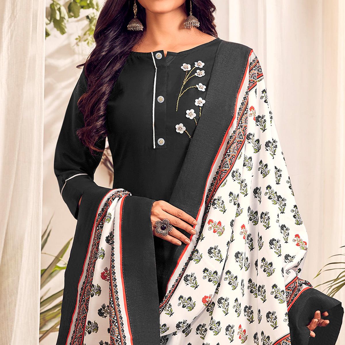 Black Party Wear Handwork Cotton Kurti Pant Set With Dupatta - Peachmode