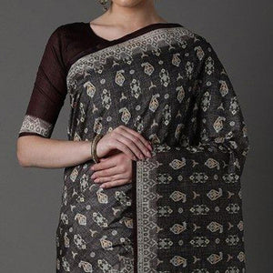 Black Party Wear Satin Printed Saree With Unstitched Blouse - Peachmode