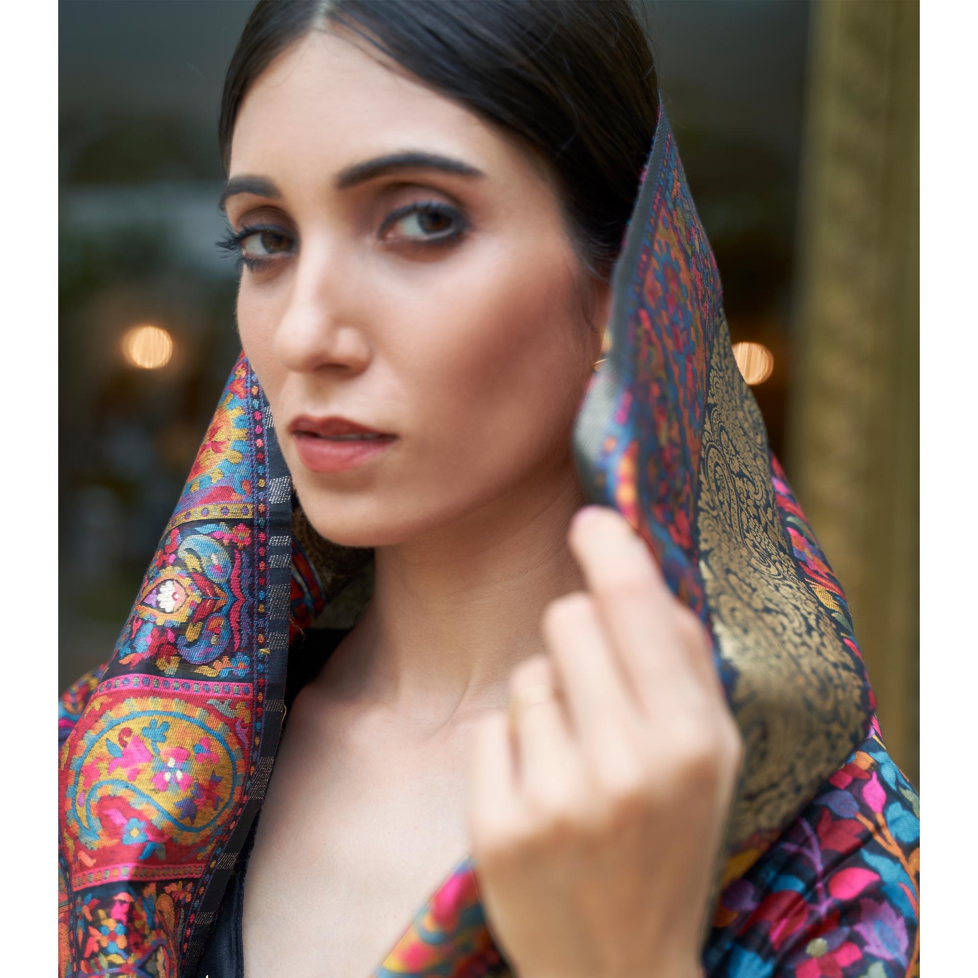 Black Party Wear Woven Chanderi Silk Saree - Peachmode