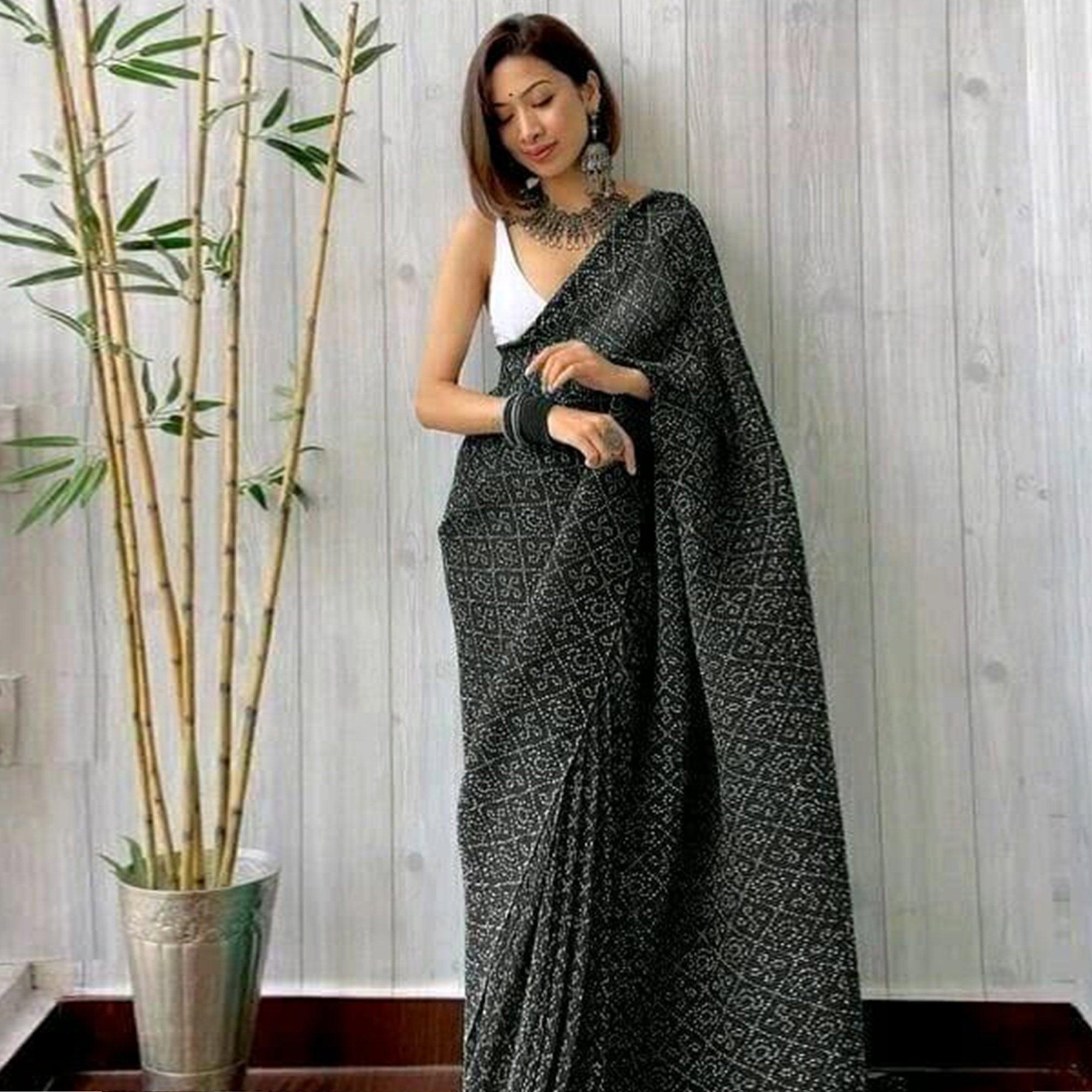 Black Partywear Bandhani Printed Georgette Saree - Peachmode