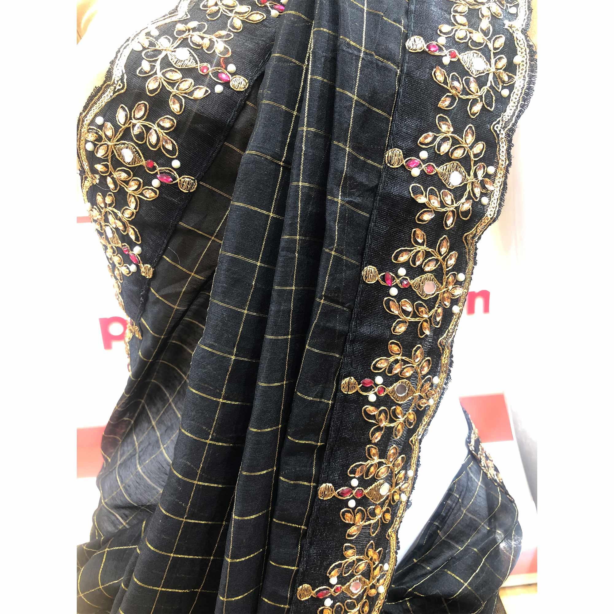 Black Partywear Checks With Embroidered Lace & Diamond Jacquard-Cotton Saree - Peachmode