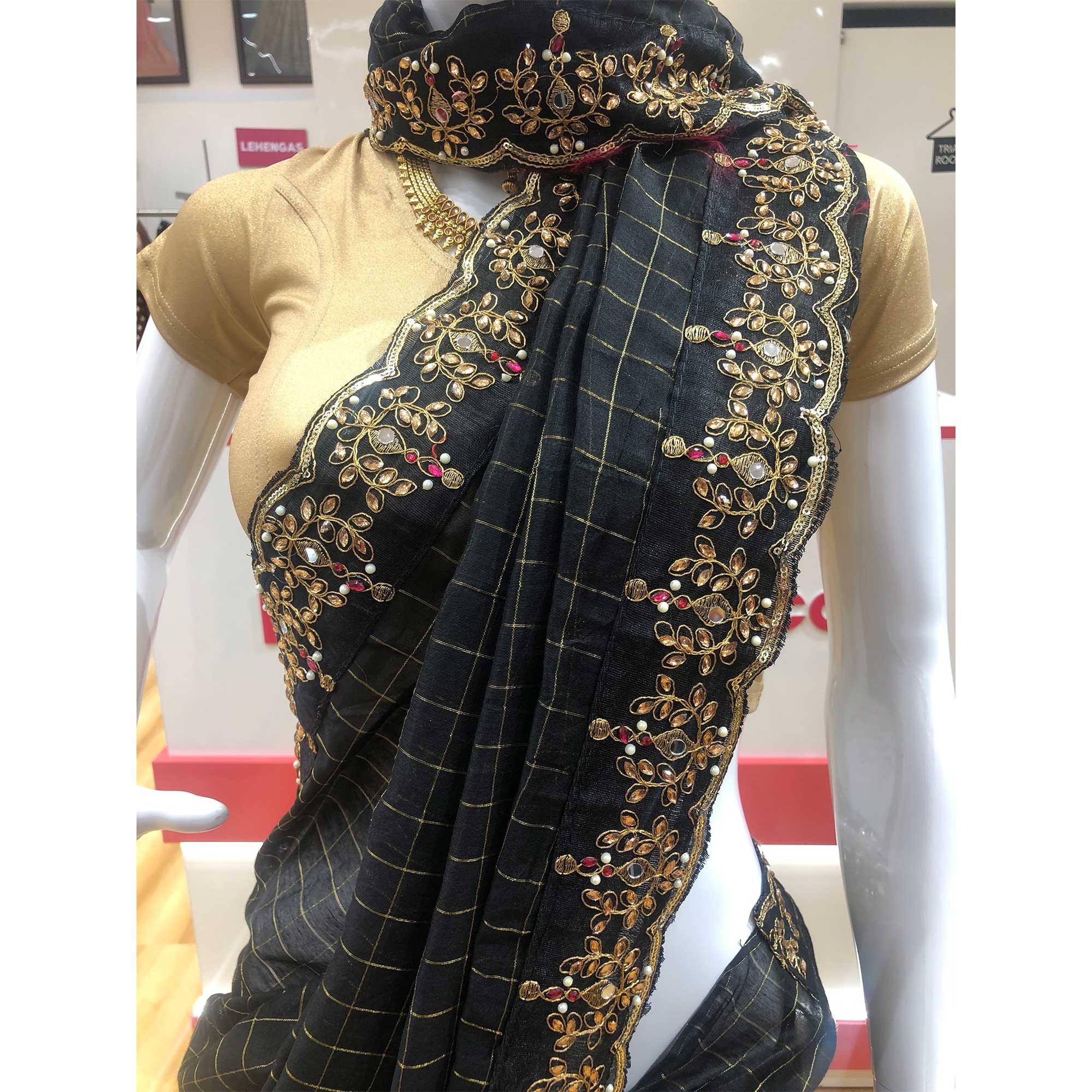 Black Partywear Checks With Embroidered Lace & Diamond Jacquard-Cotton Saree - Peachmode