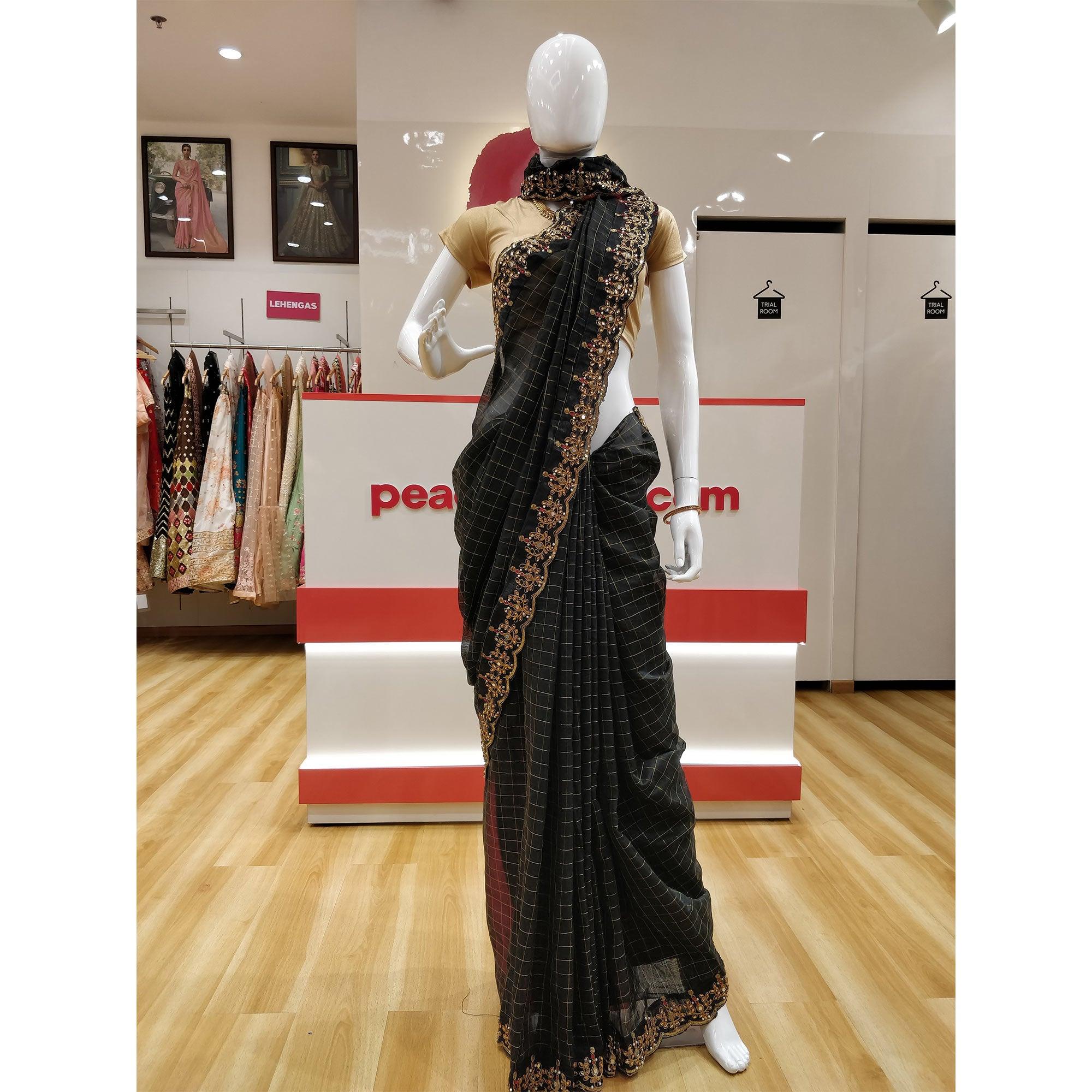 Black Partywear Checks With Embroidered Lace & Diamond Jacquard-Cotton Saree - Peachmode