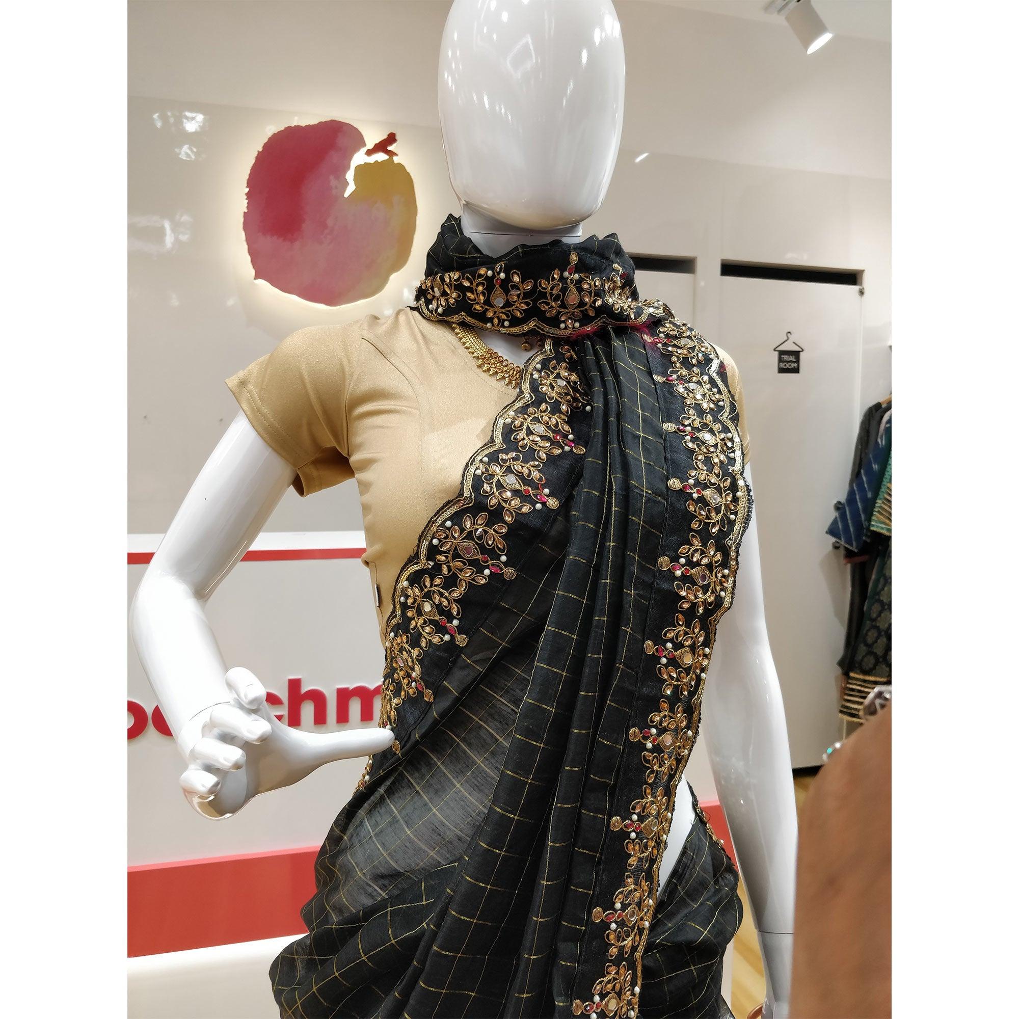 Black Partywear Checks With Embroidered Lace & Diamond Jacquard-Cotton Saree - Peachmode