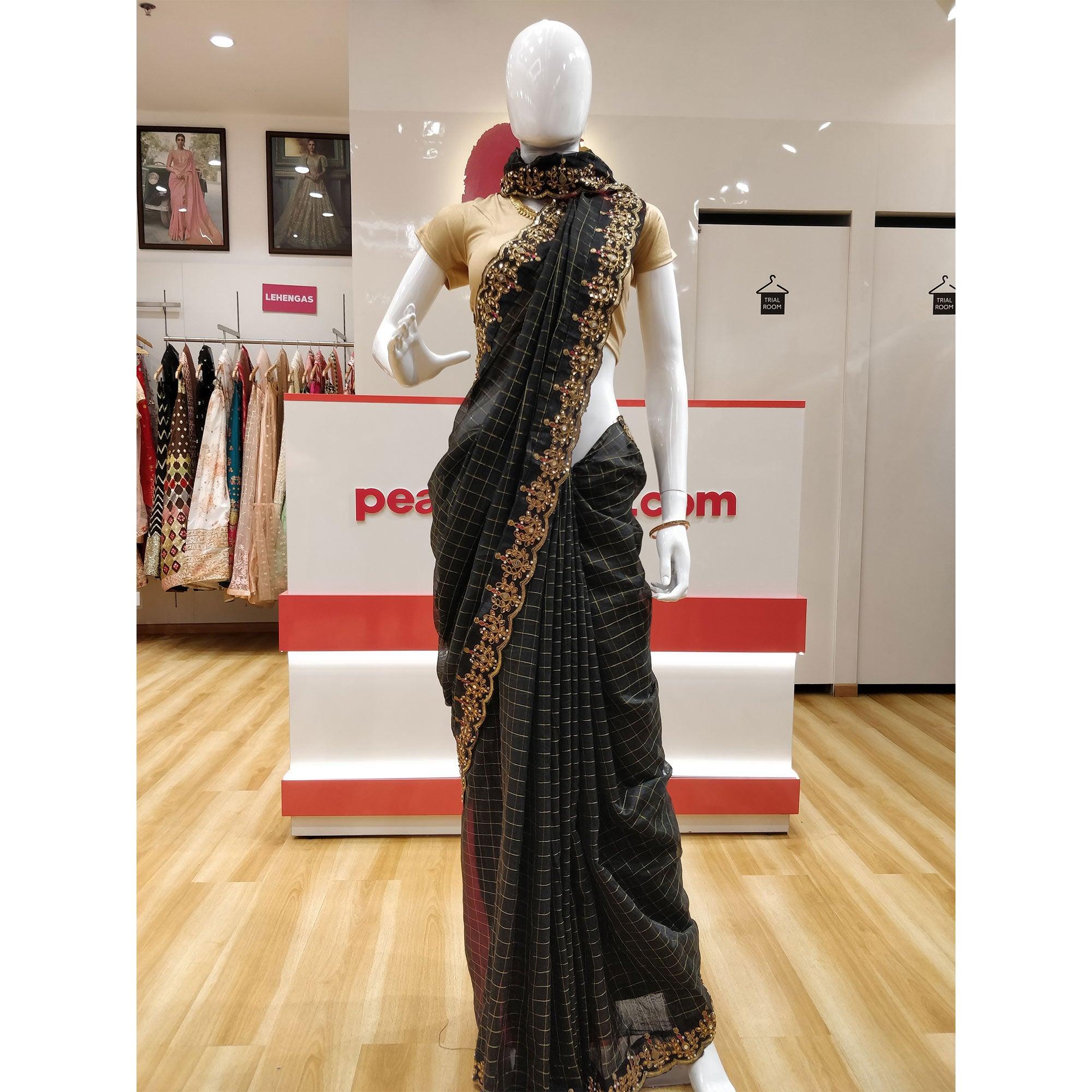Black Partywear Checks With Embroidered Lace & Diamond Jacquard-Cotton Saree - Peachmode