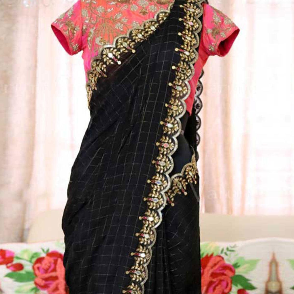 Black Partywear Checks With Embroidered Lace & Diamond Jacquard-Cotton Saree - Peachmode