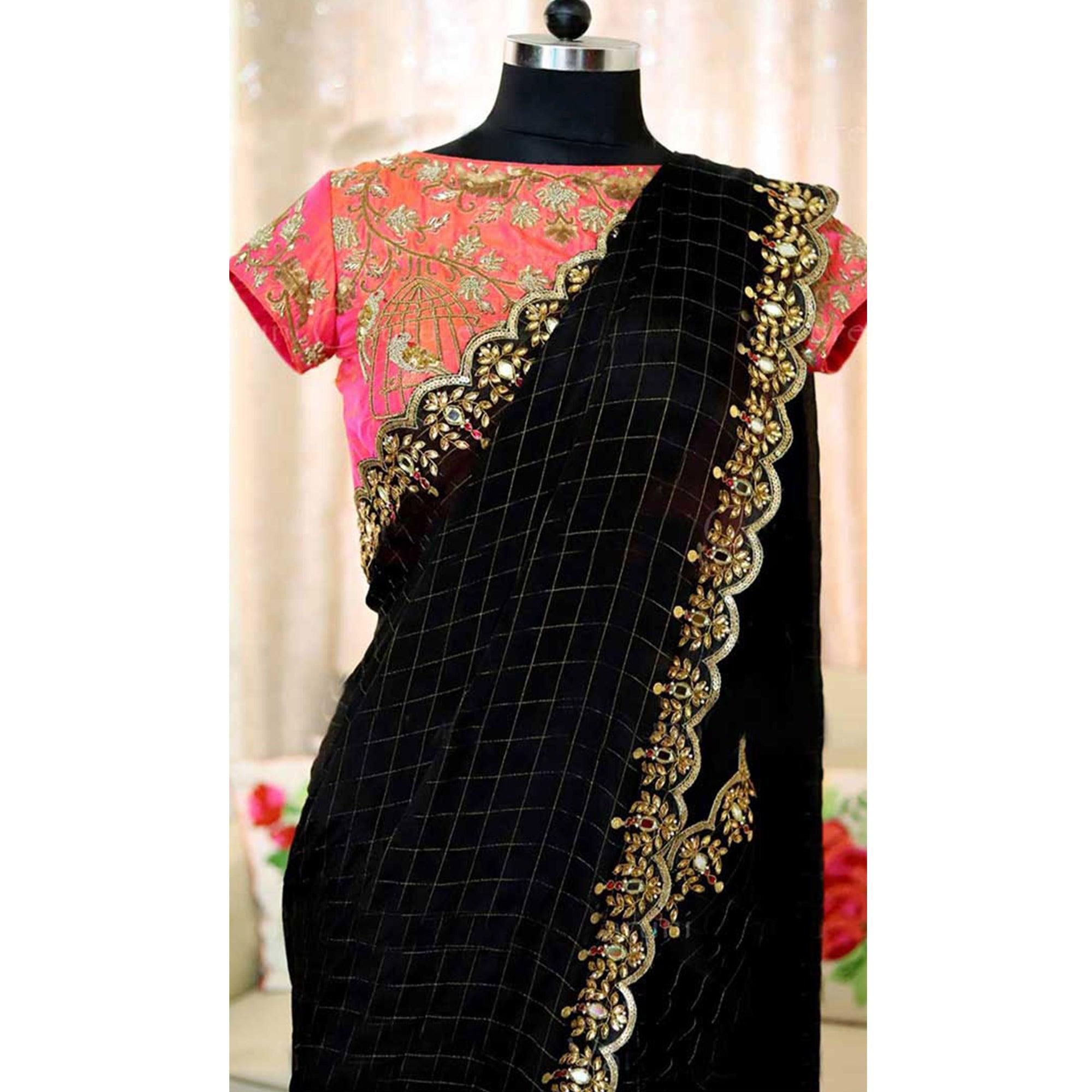 Black Partywear Checks With Embroidered Lace & Diamond Jacquard-Cotton Saree - Peachmode