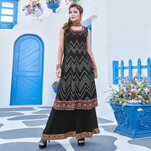 Black Partywear Designer Embroidery Georgette Palazzo Suit - Peachmode